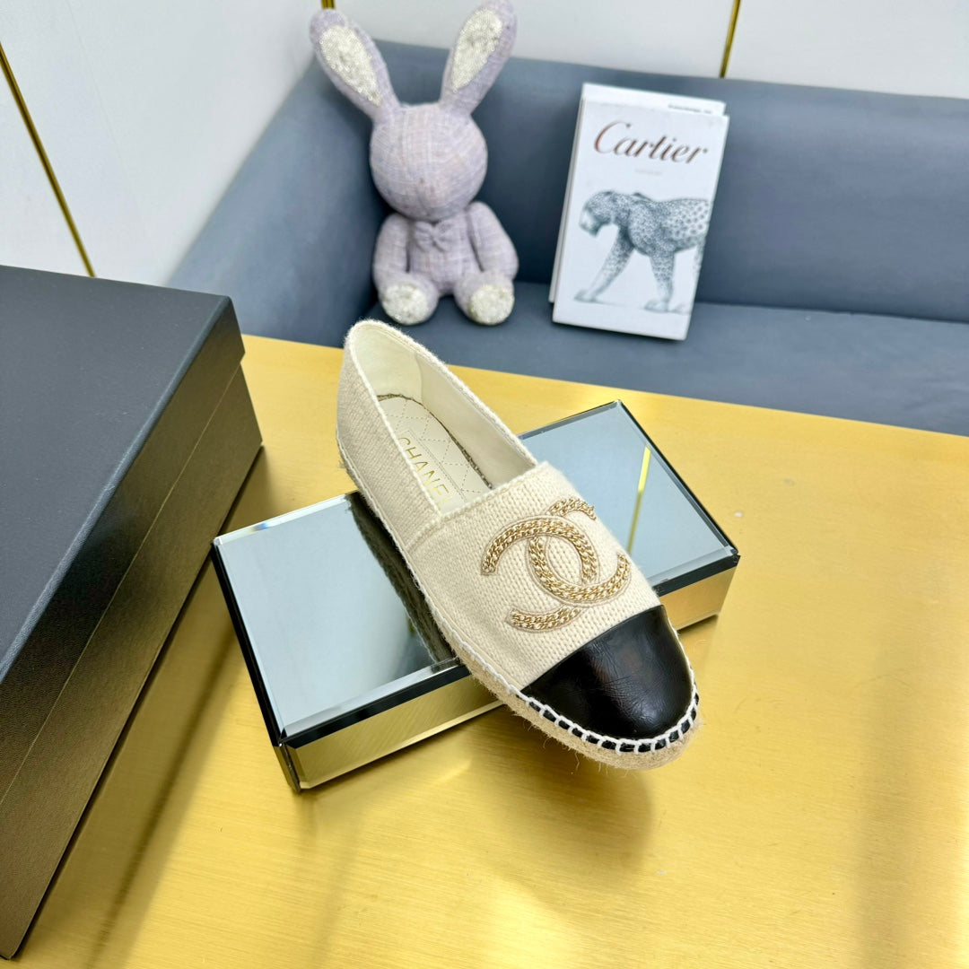 CC ESPADRILLES PLATFORM 25S IN CREAM WHITE KNITTED WOOL AND BLACK LAMBSKIN - 34