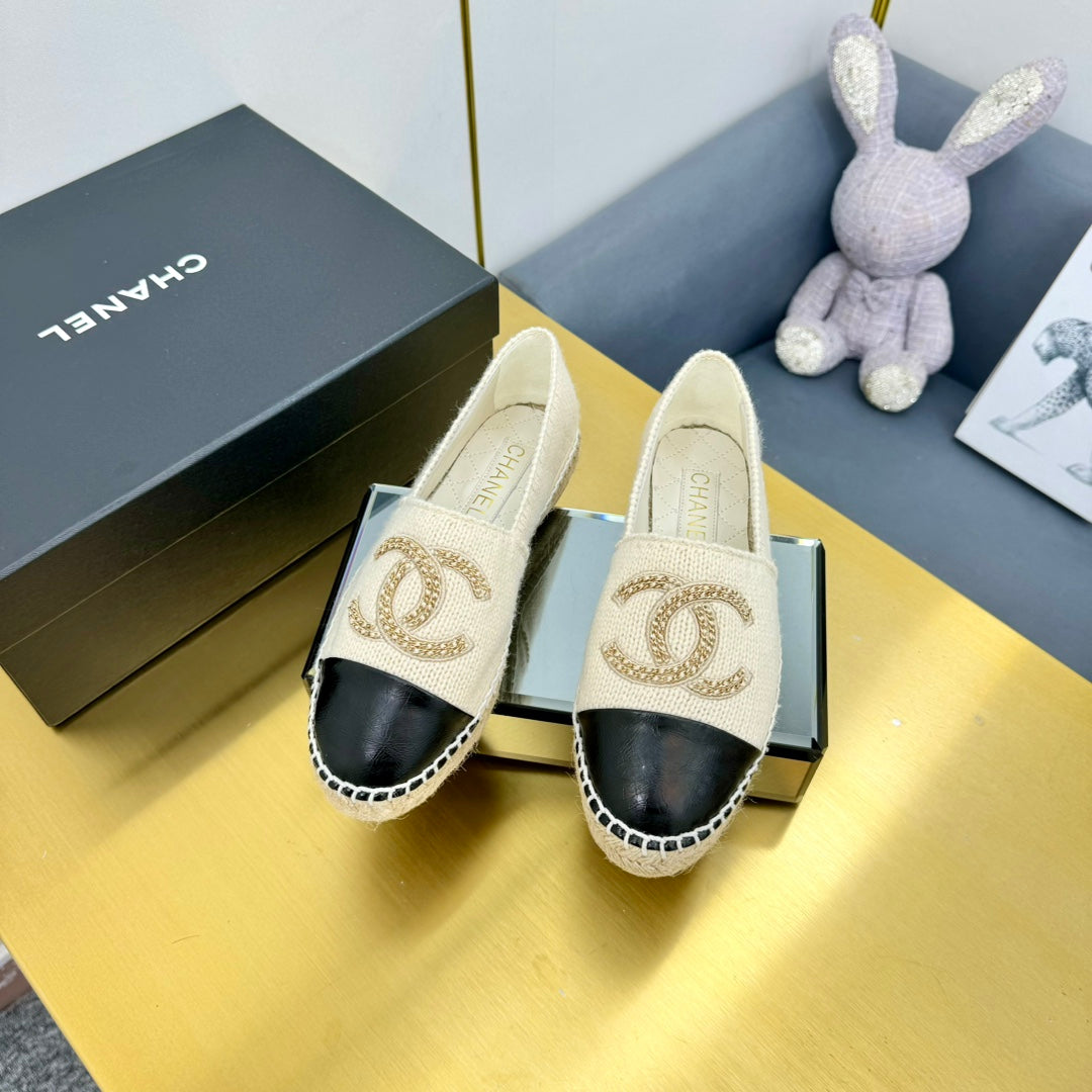 CC ESPADRILLES PLATFORM 25S IN CREAM WHITE KNITTED WOOL AND BLACK LAMBSKIN - 34