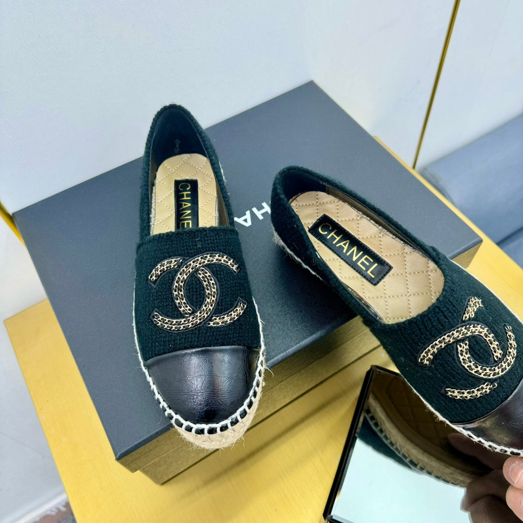 CC ESPADRILLES PLATFORM 25S IN BLACK KNITTED WOOL AND LAMBSKIN - 34