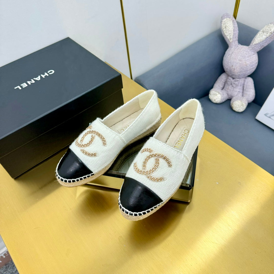 CC ESPADRILLES PLATFORM 25S IN WHITE KNITTED WOOL AND BLACK LAMBSKIN - 34