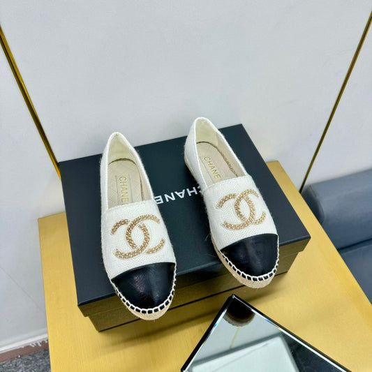 CC ESPADRILLES PLATFORM 25S IN WHITE KNITTED WOOL AND BLACK LAMBSKIN - 34