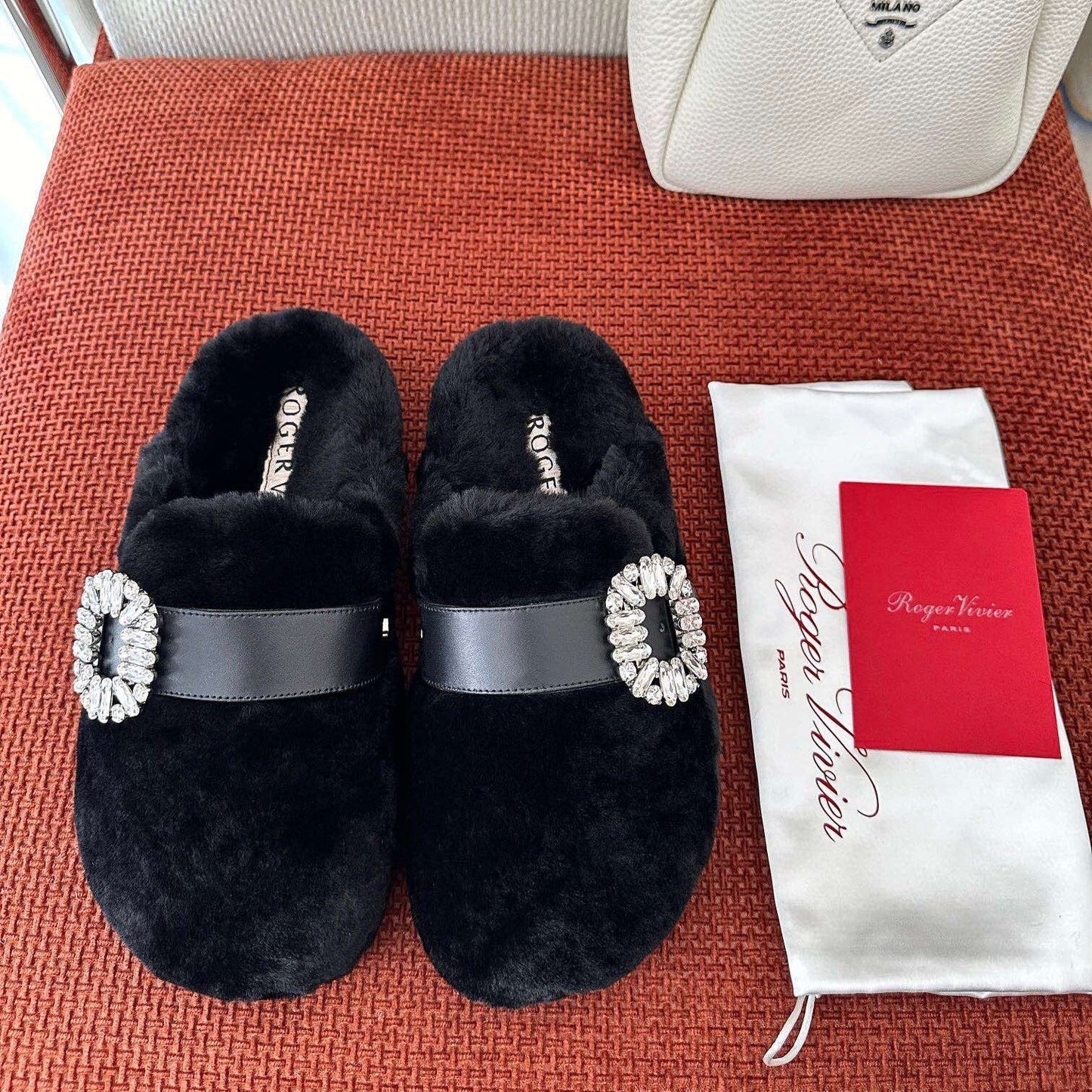 SLIDY VIV' MULES IN BLACK WOOL WITH STRASS BUCKLE - 35