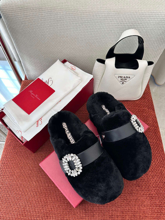 SLIDY VIV' MULES IN BLACK WOOL WITH STRASS BUCKLE - 35