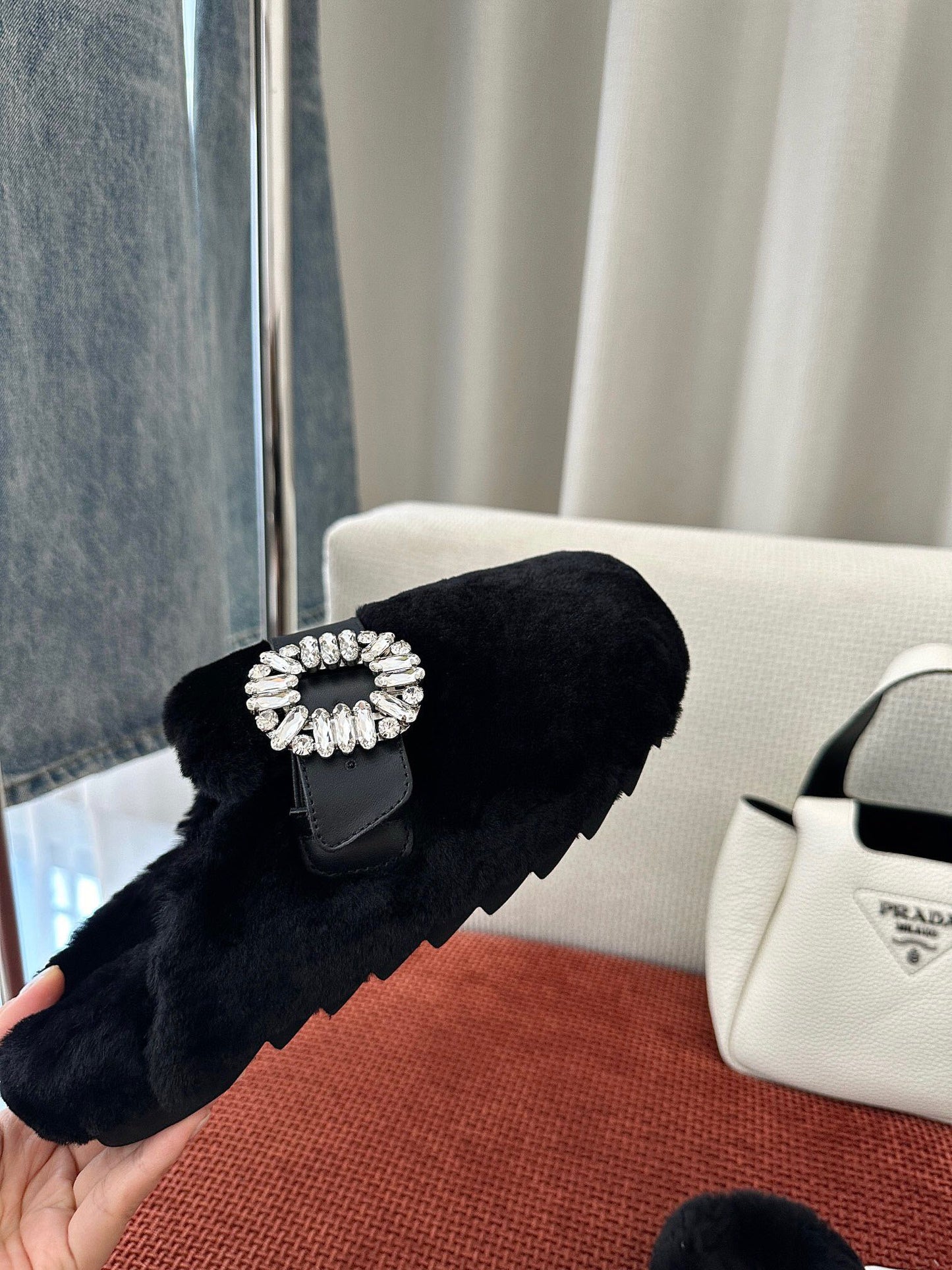 SLIDY VIV' MULES IN BLACK WOOL WITH STRASS BUCKLE - 35