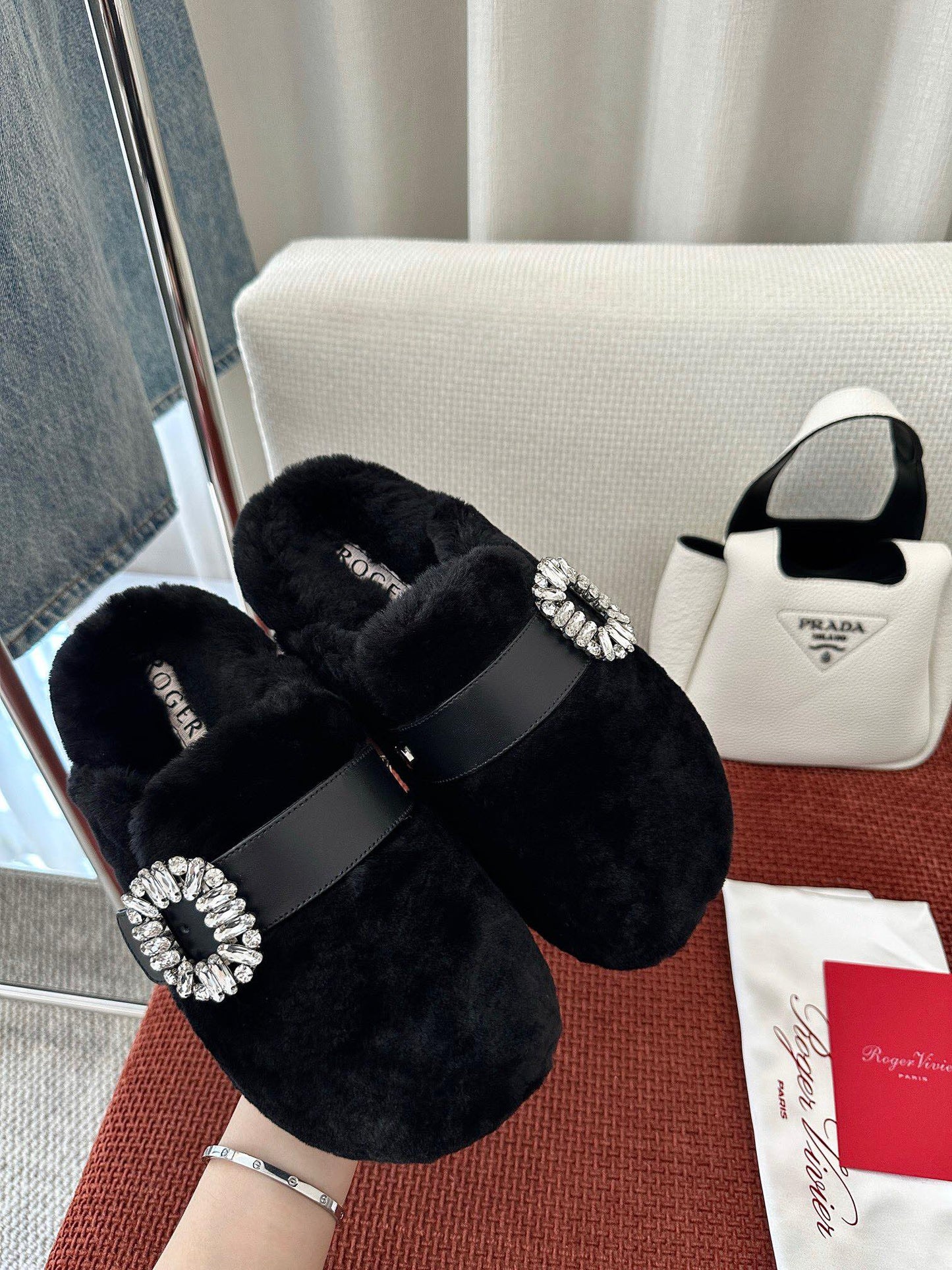 SLIDY VIV' MULES IN BLACK WOOL WITH STRASS BUCKLE - 35