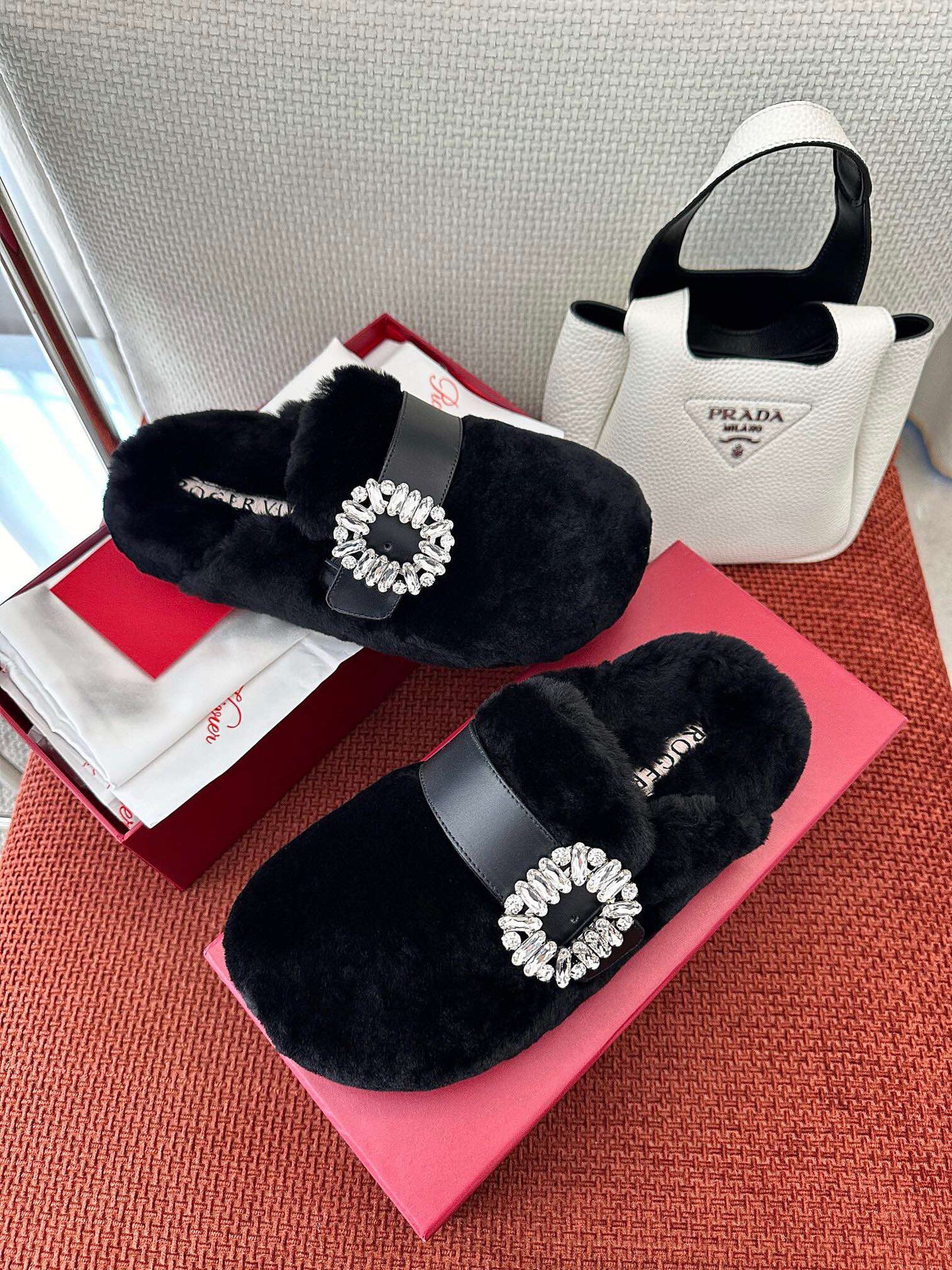 SLIDY VIV' MULES IN BLACK WOOL WITH STRASS BUCKLE - 35