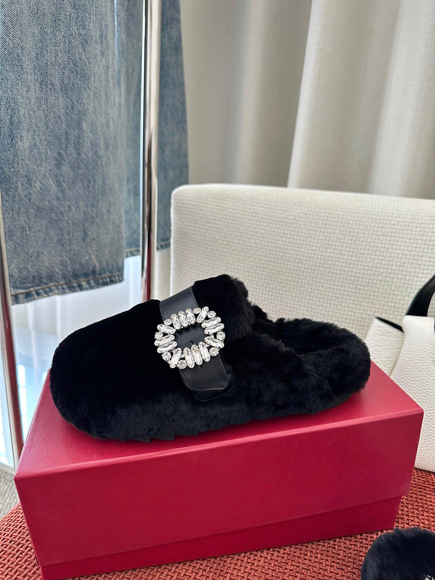SLIDY VIV' MULES IN BLACK WOOL WITH STRASS BUCKLE - 35