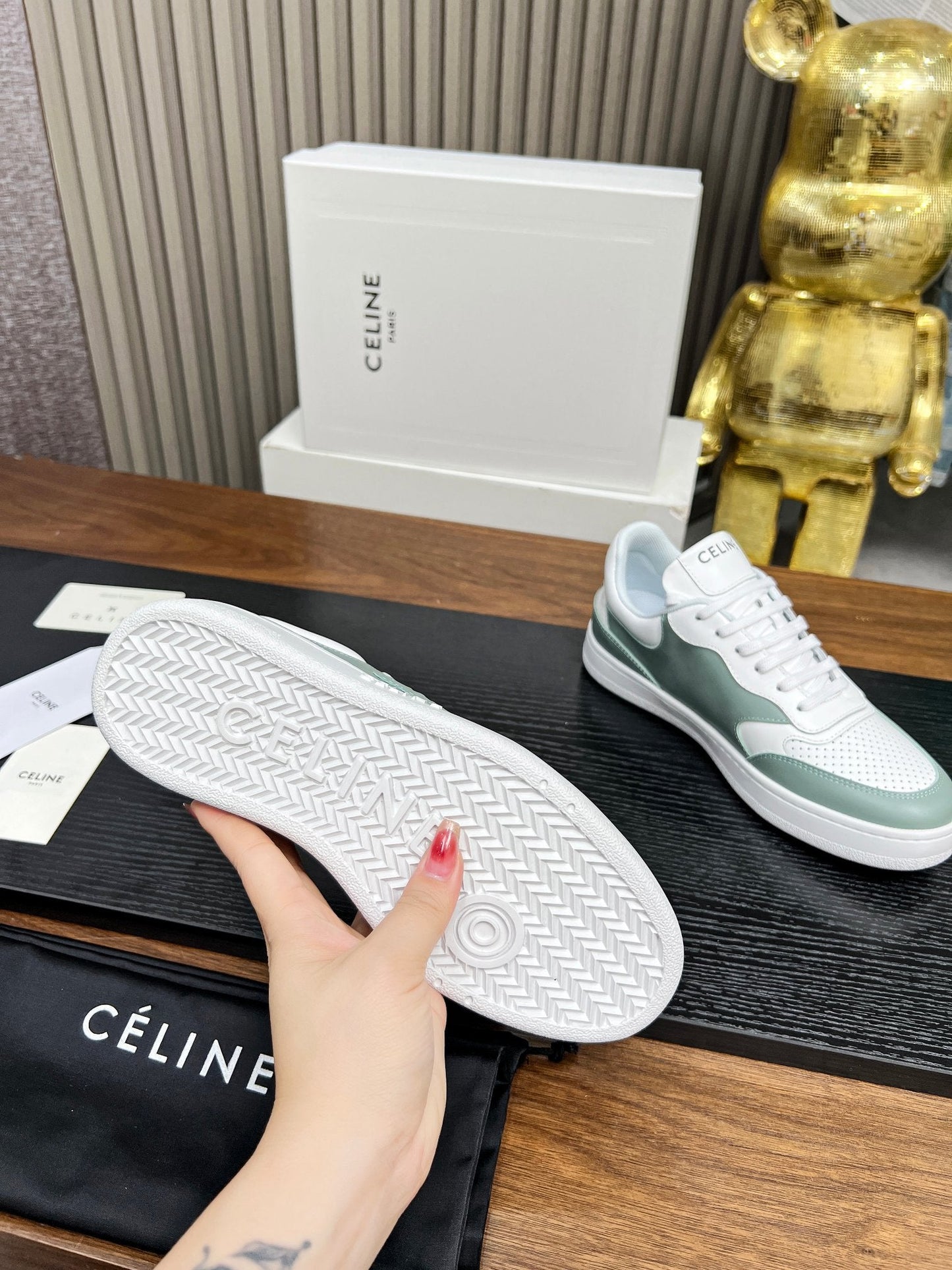 SNEAKER WITH TRIOMPHE IN WHITE MIX PEWTER GREEN CALFSKIN - 35