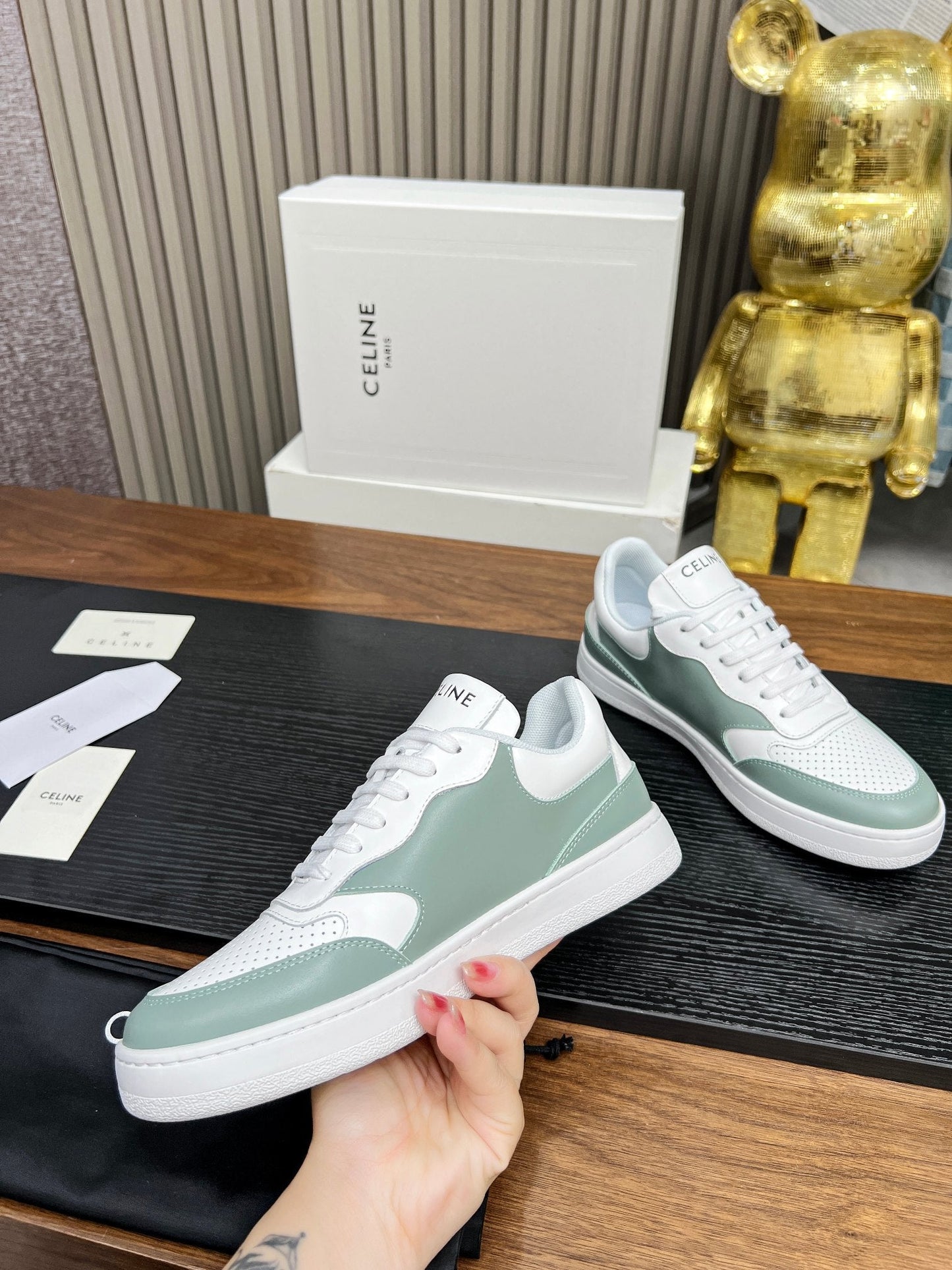 SNEAKER WITH TRIOMPHE IN WHITE MIX PEWTER GREEN CALFSKIN - 35