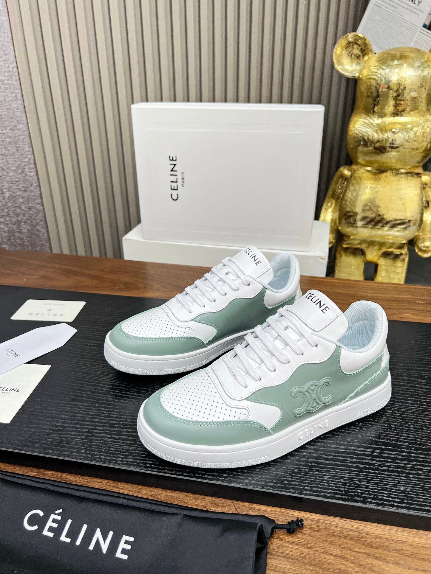 SNEAKER WITH TRIOMPHE IN WHITE MIX PEWTER GREEN CALFSKIN - 35