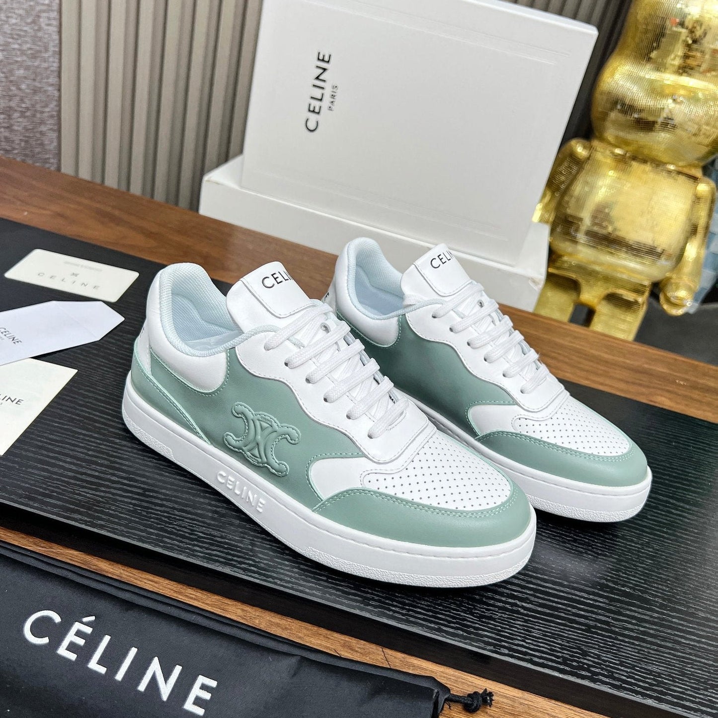 SNEAKER WITH TRIOMPHE IN WHITE MIX PEWTER GREEN CALFSKIN - 35