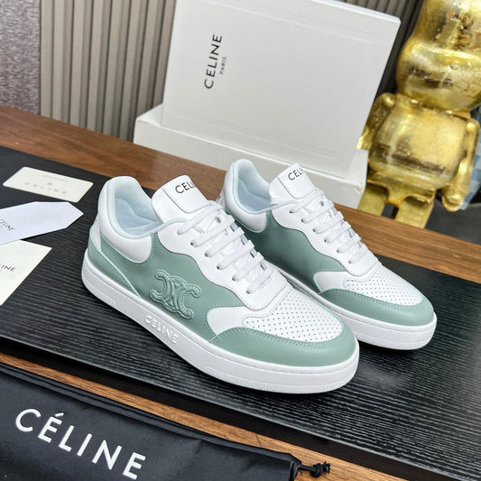 SNEAKER WITH TRIOMPHE IN WHITE MIX PEWTER GREEN CALFSKIN - 35