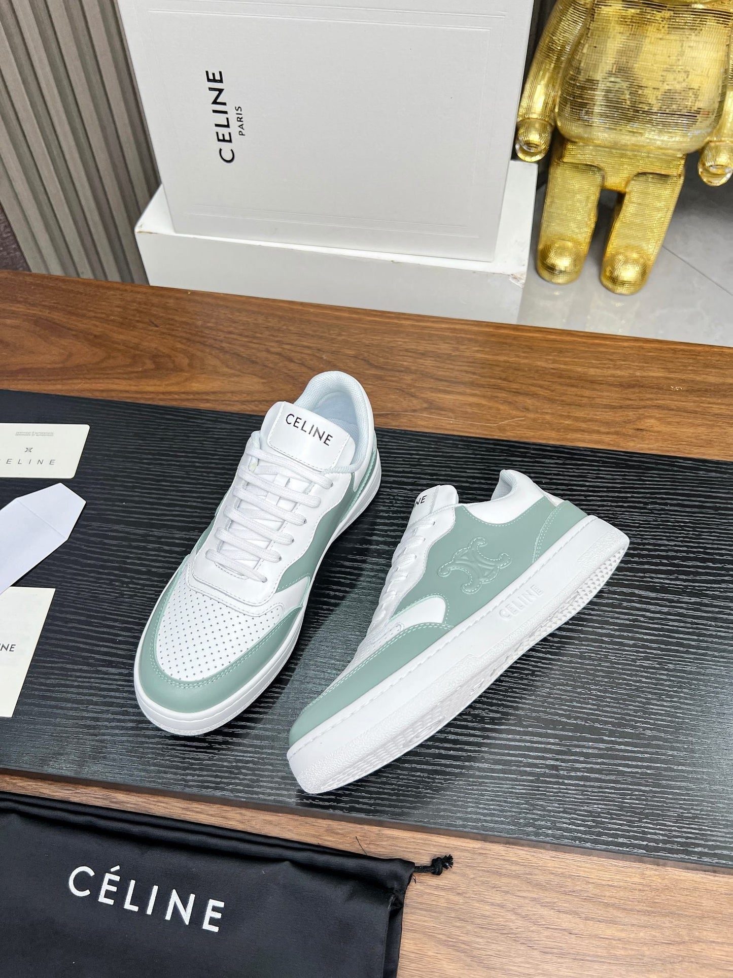 SNEAKER WITH TRIOMPHE IN WHITE MIX PEWTER GREEN CALFSKIN - 35