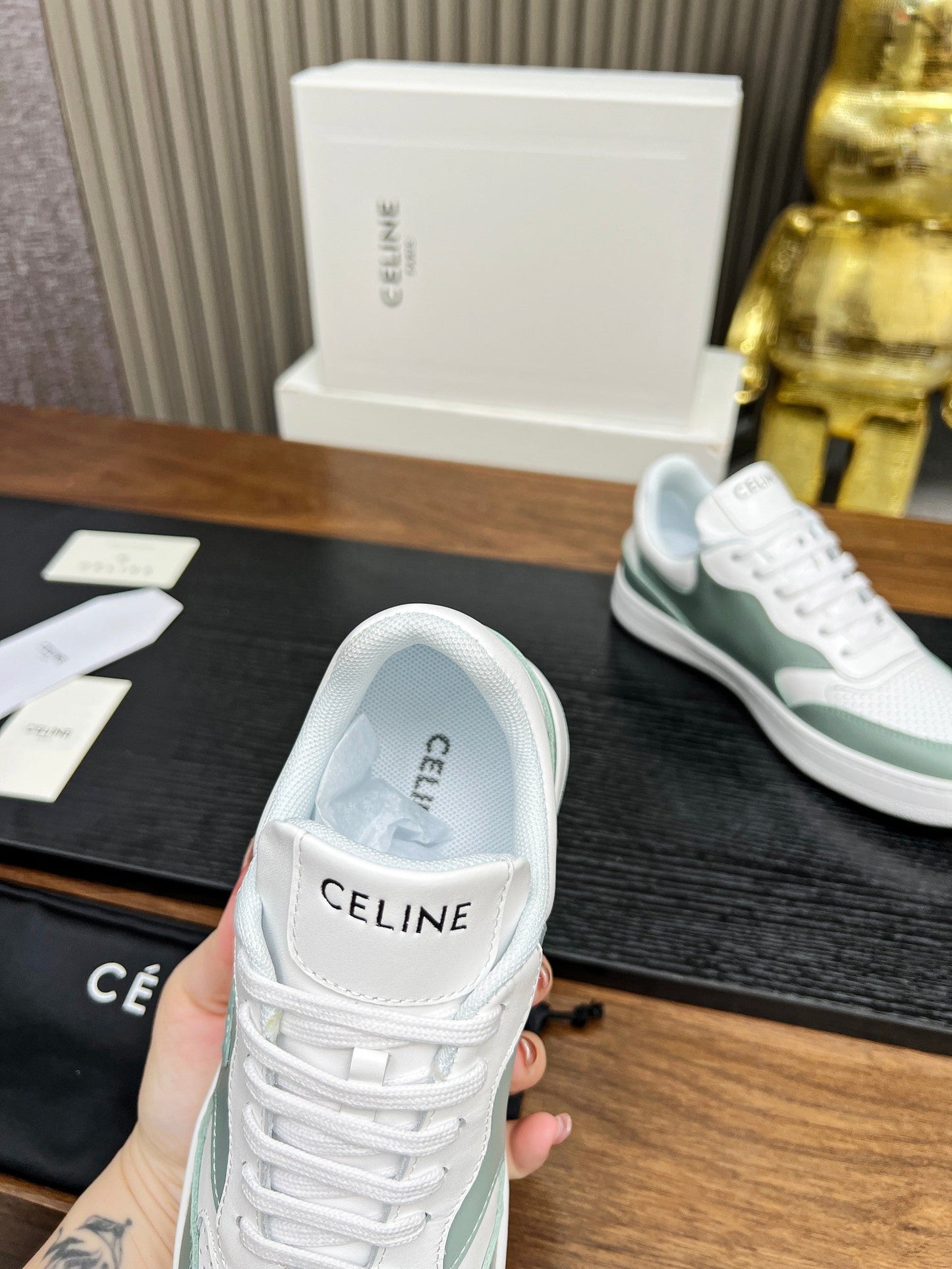 SNEAKER WITH TRIOMPHE IN WHITE MIX PEWTER GREEN CALFSKIN - 35