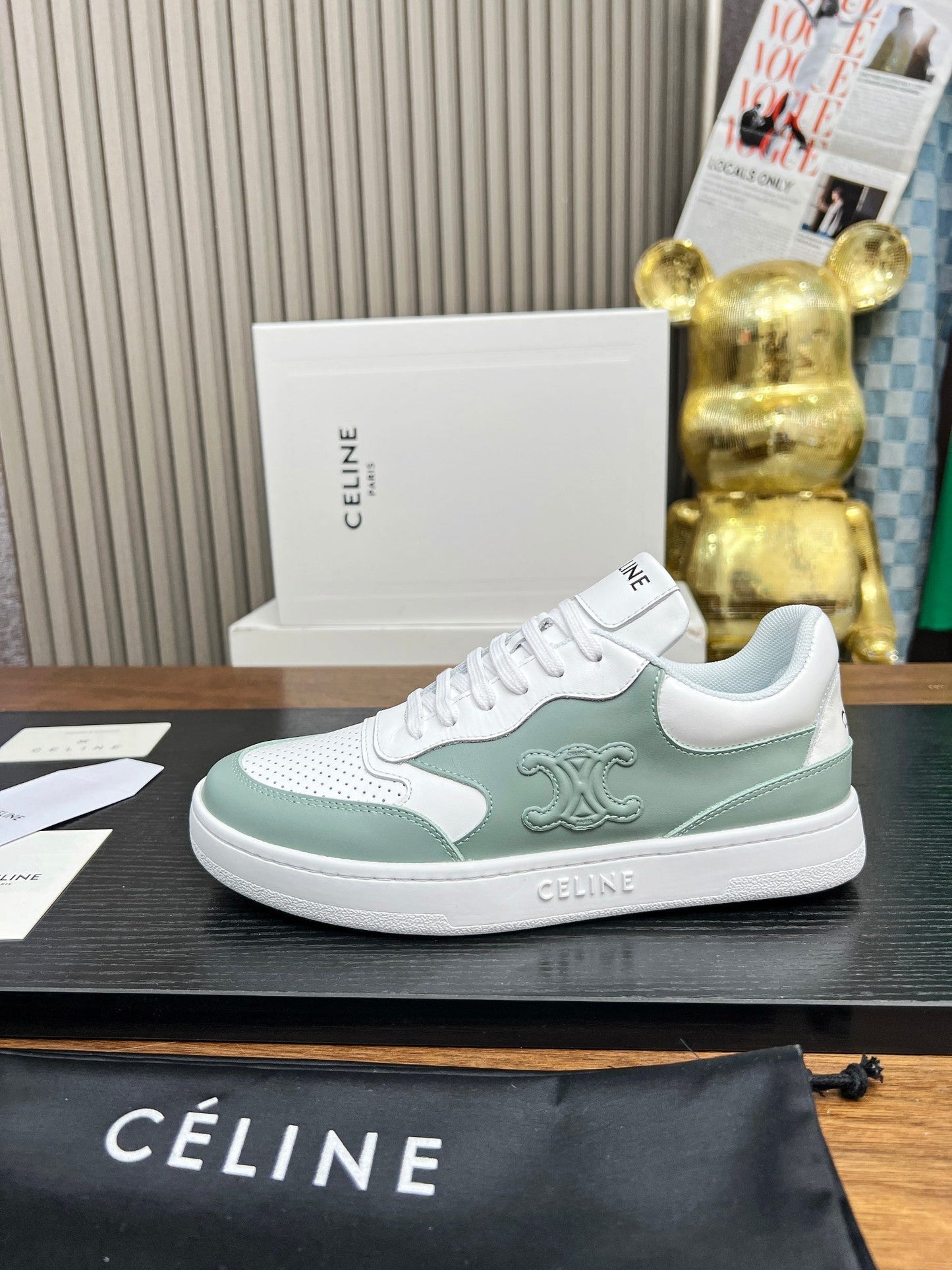 SNEAKER WITH TRIOMPHE IN WHITE MIX PEWTER GREEN CALFSKIN - 35