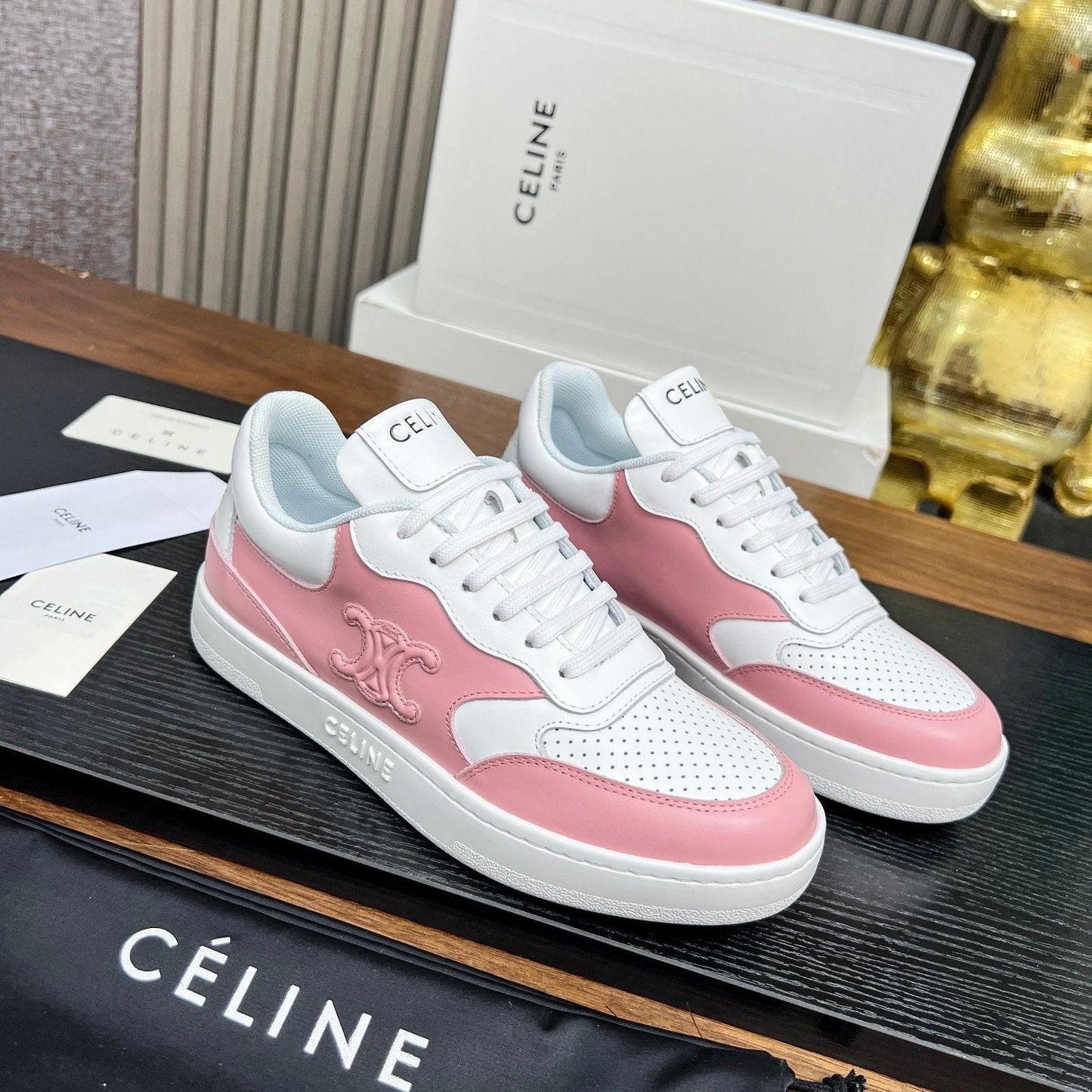 SNEAKER WITH TRIOMPHE IN WHITE MIX BABY PINK CALFSKIN - 35