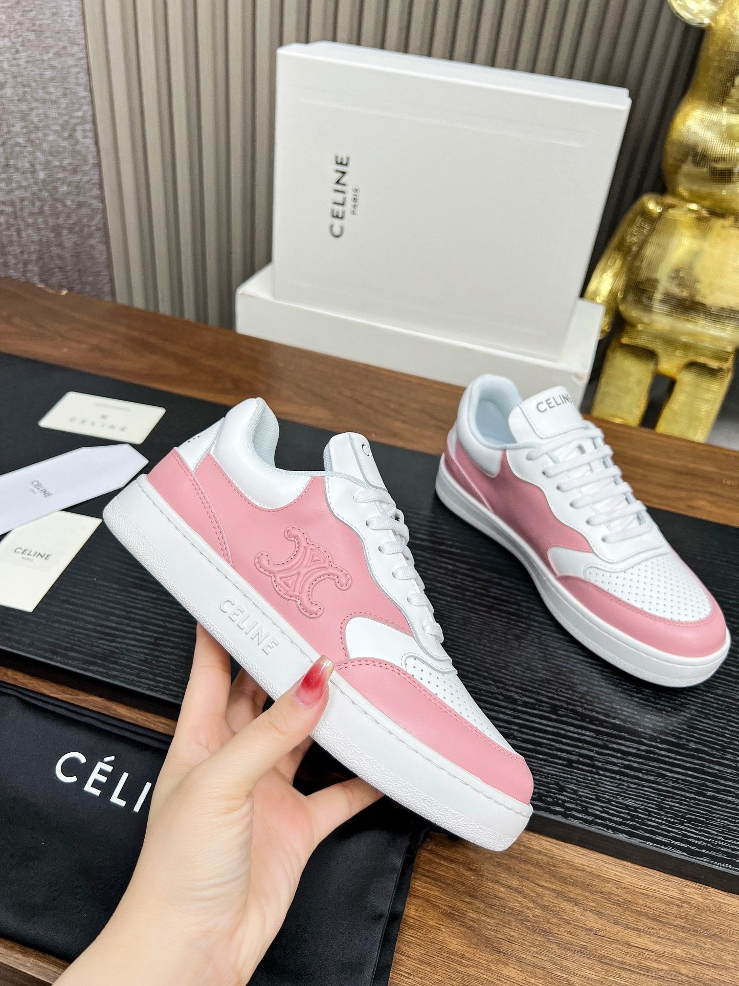 SNEAKER WITH TRIOMPHE IN WHITE MIX BABY PINK CALFSKIN - 35