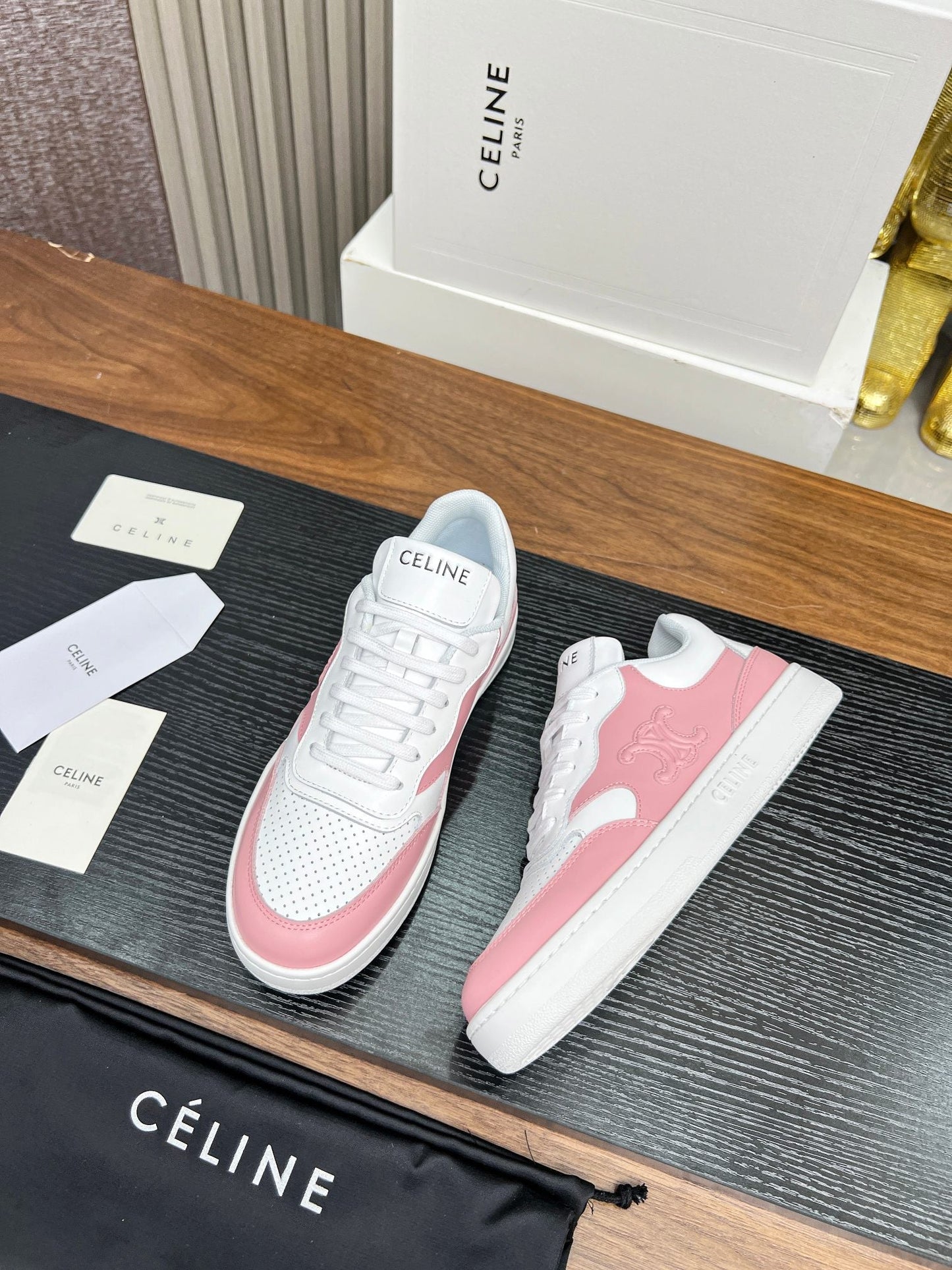 SNEAKER WITH TRIOMPHE IN WHITE MIX BABY PINK CALFSKIN - 35