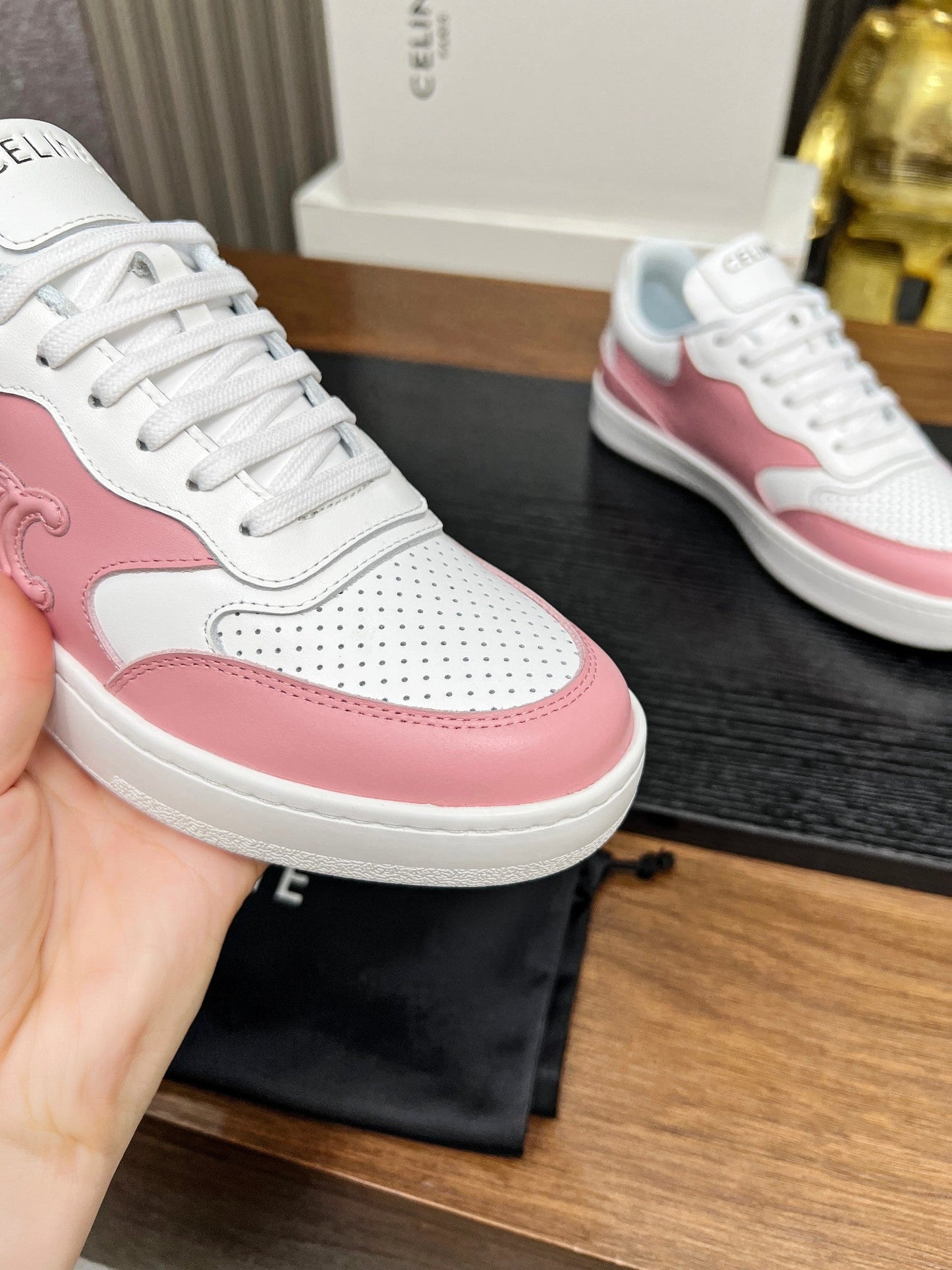 SNEAKER WITH TRIOMPHE IN WHITE MIX BABY PINK CALFSKIN - 35