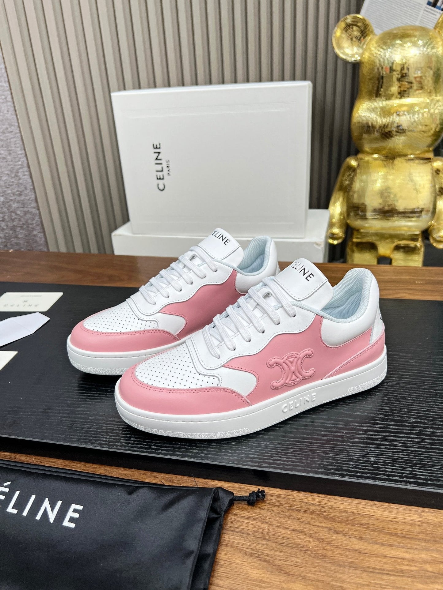 SNEAKER WITH TRIOMPHE IN WHITE MIX BABY PINK CALFSKIN - 35