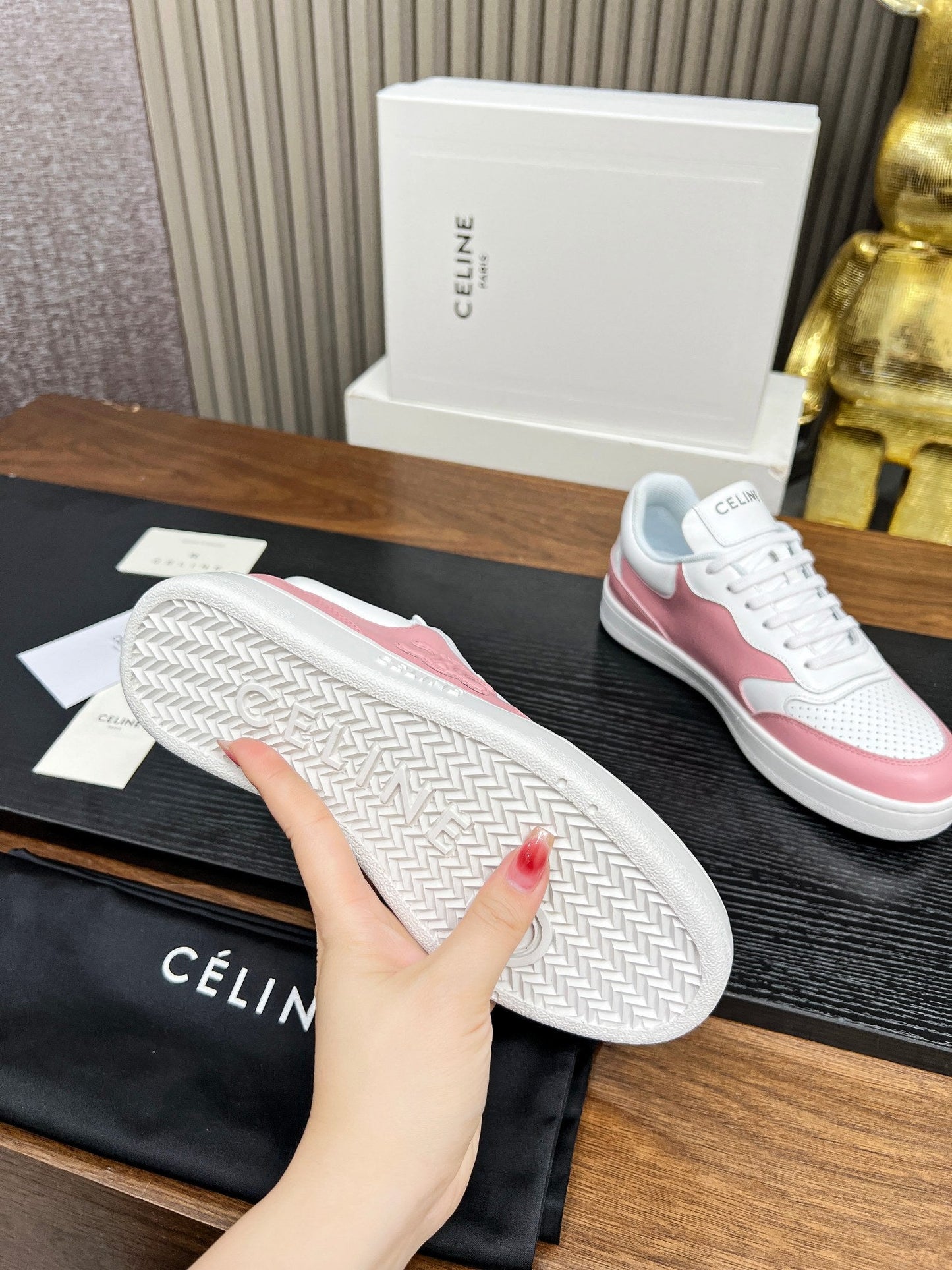 SNEAKER WITH TRIOMPHE IN WHITE MIX BABY PINK CALFSKIN - 35