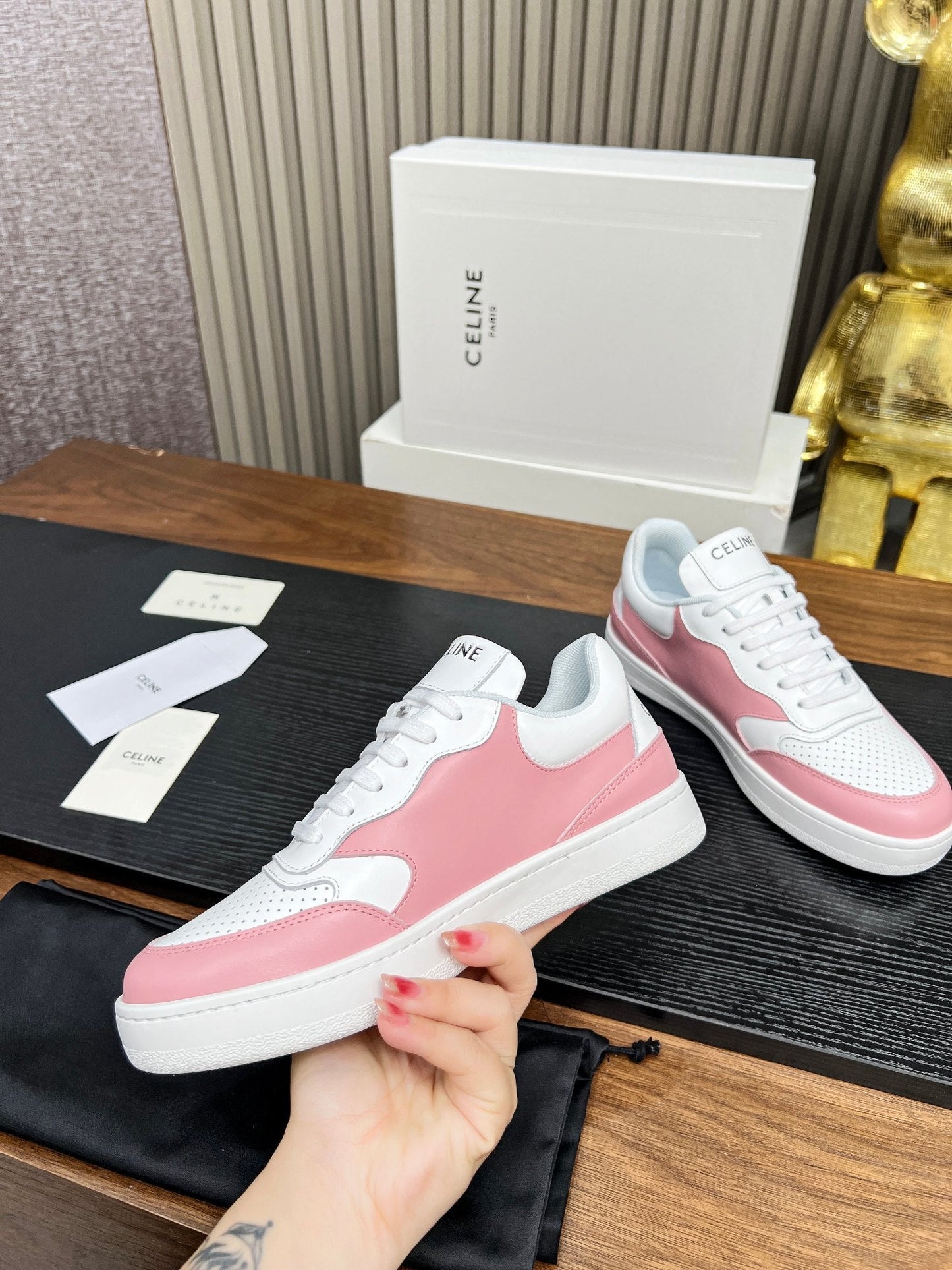 SNEAKER WITH TRIOMPHE IN WHITE MIX BABY PINK CALFSKIN - 35