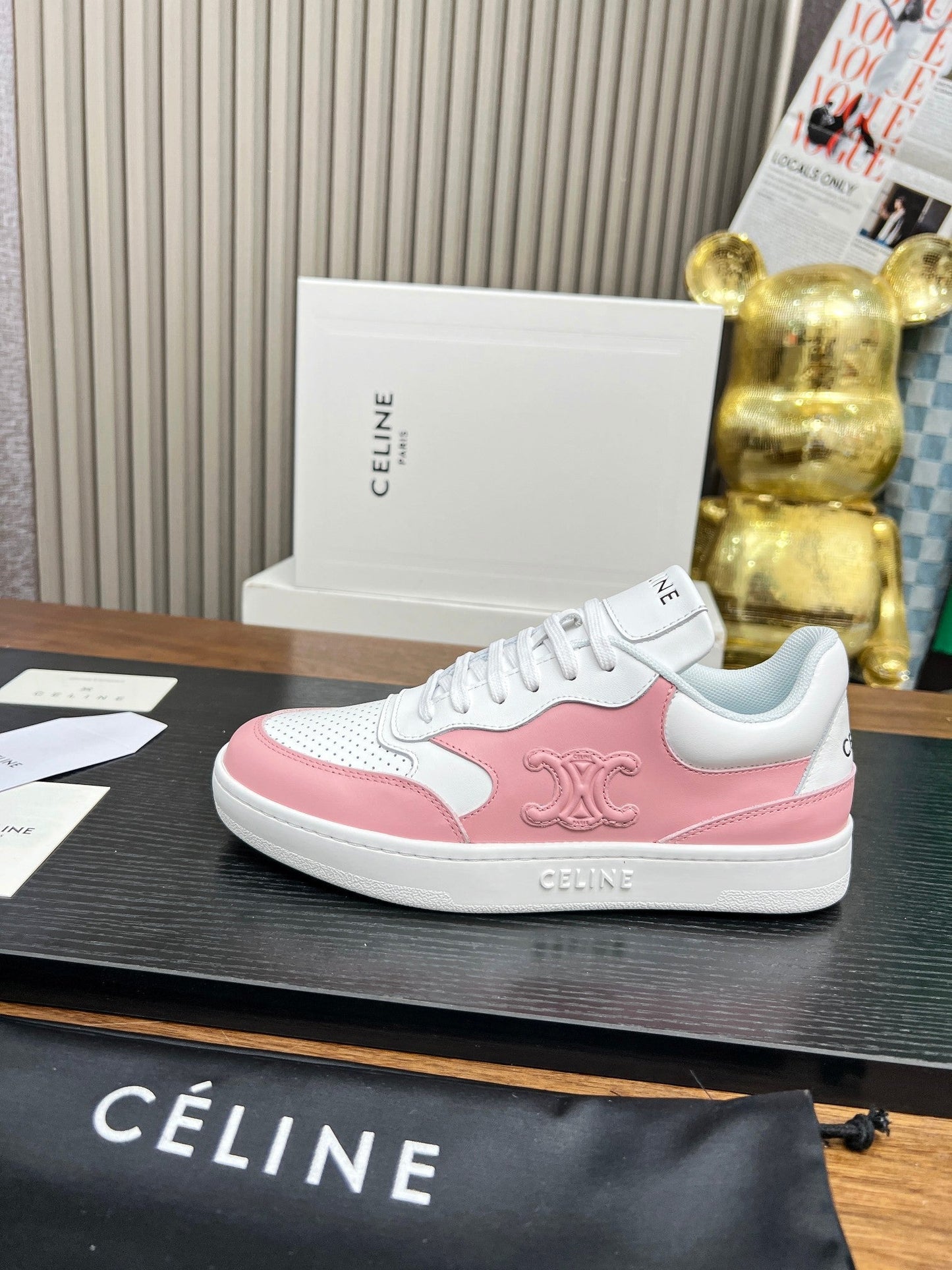 SNEAKER WITH TRIOMPHE IN WHITE MIX BABY PINK CALFSKIN - 35