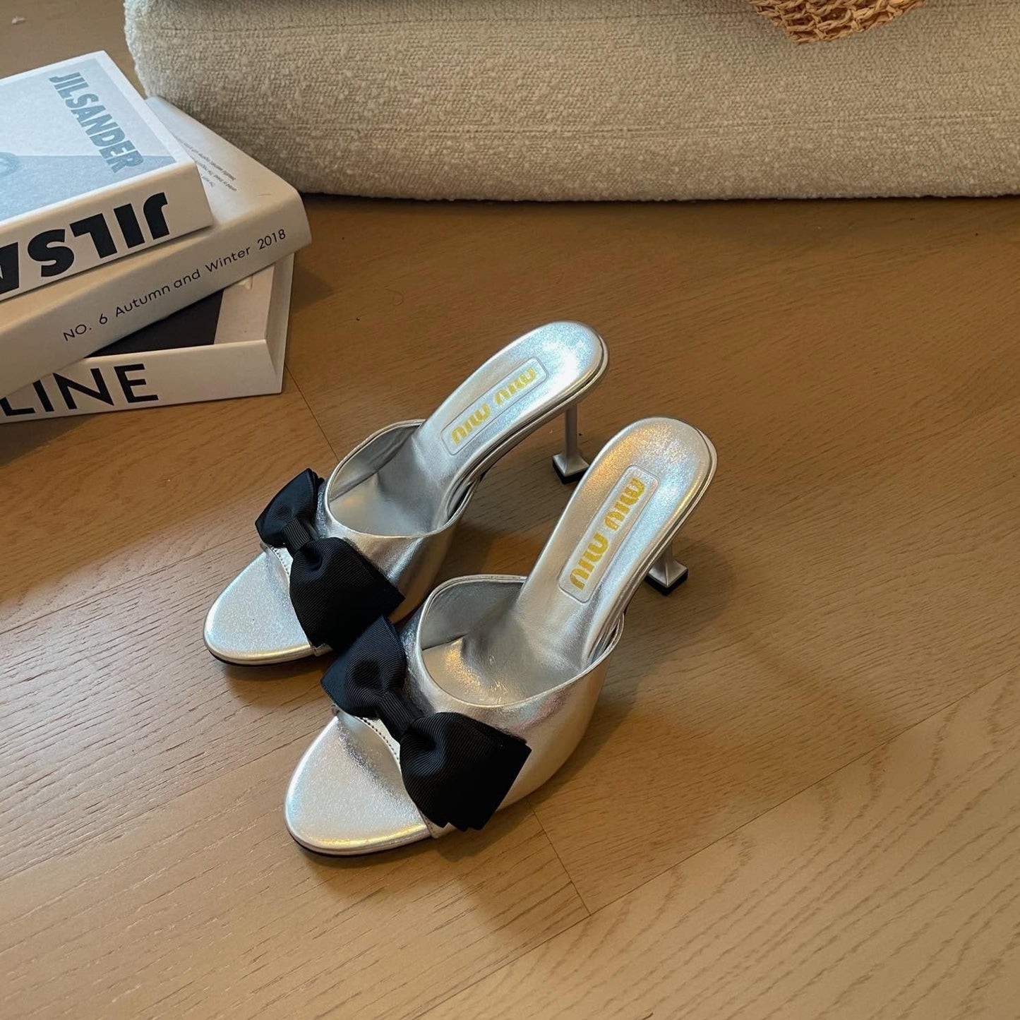 Silver High - Heels With Black Bow Calfskin - 35