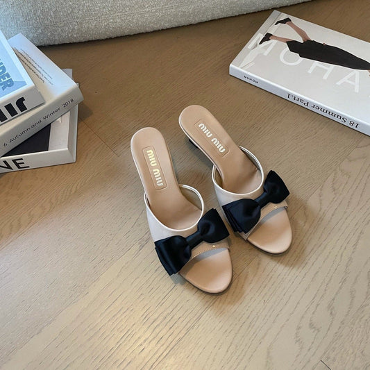 Nude Beige High - Heels With Black Bow Calfskin - 35
