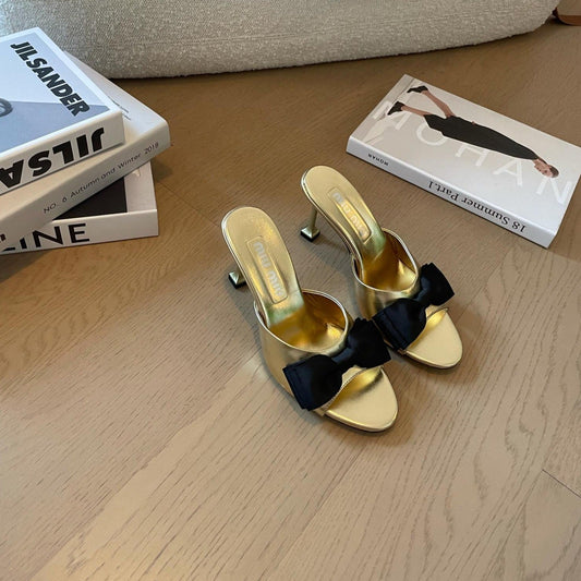 Metallic Gold High - Heels With Black Bow Calfskin - 35