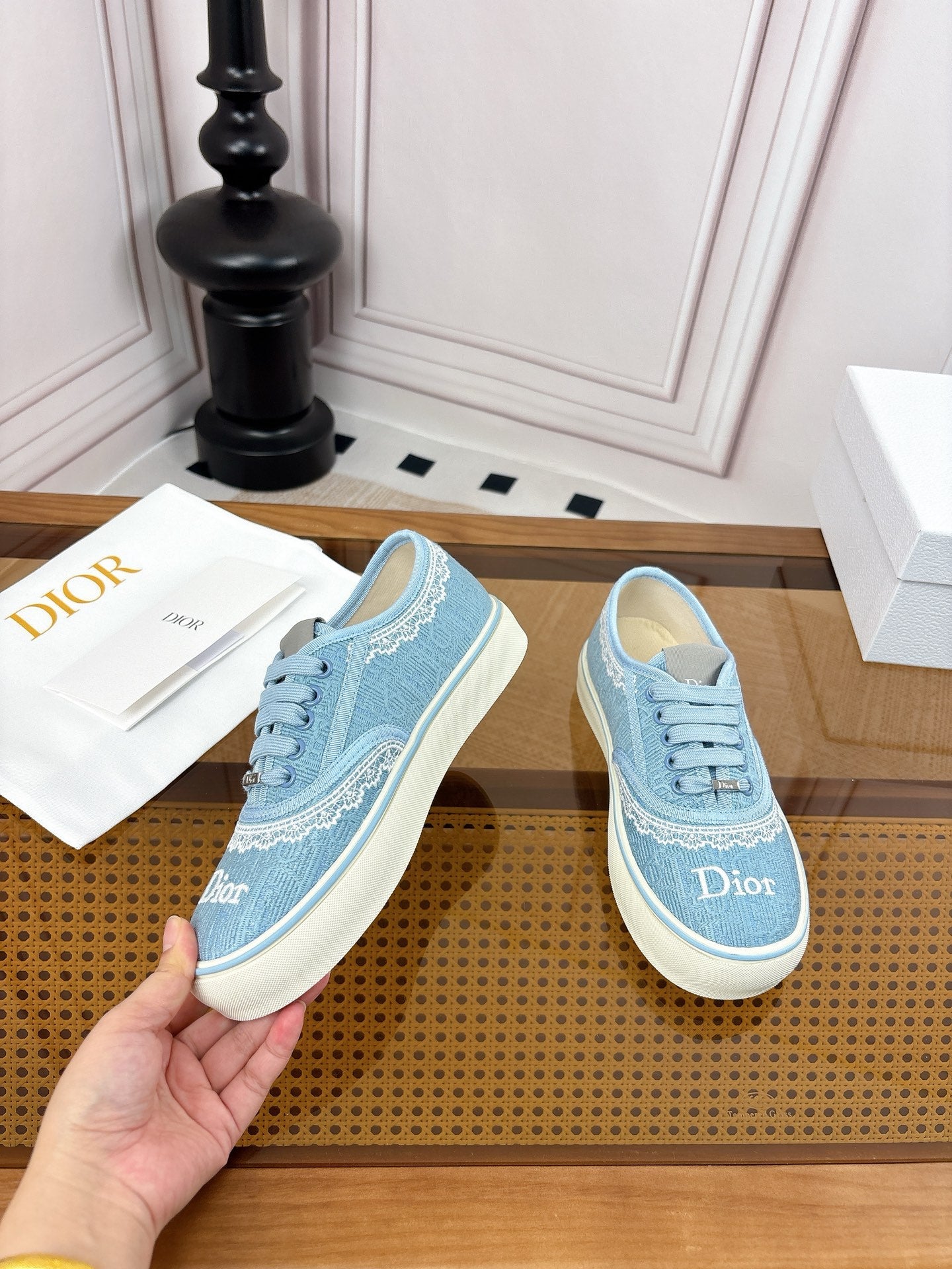 DIOR 26S LOW TOP SNEAKERS IN LIGHT BLUE CANVAS WITH WHITE LACE TRIM & LOGO PRINT