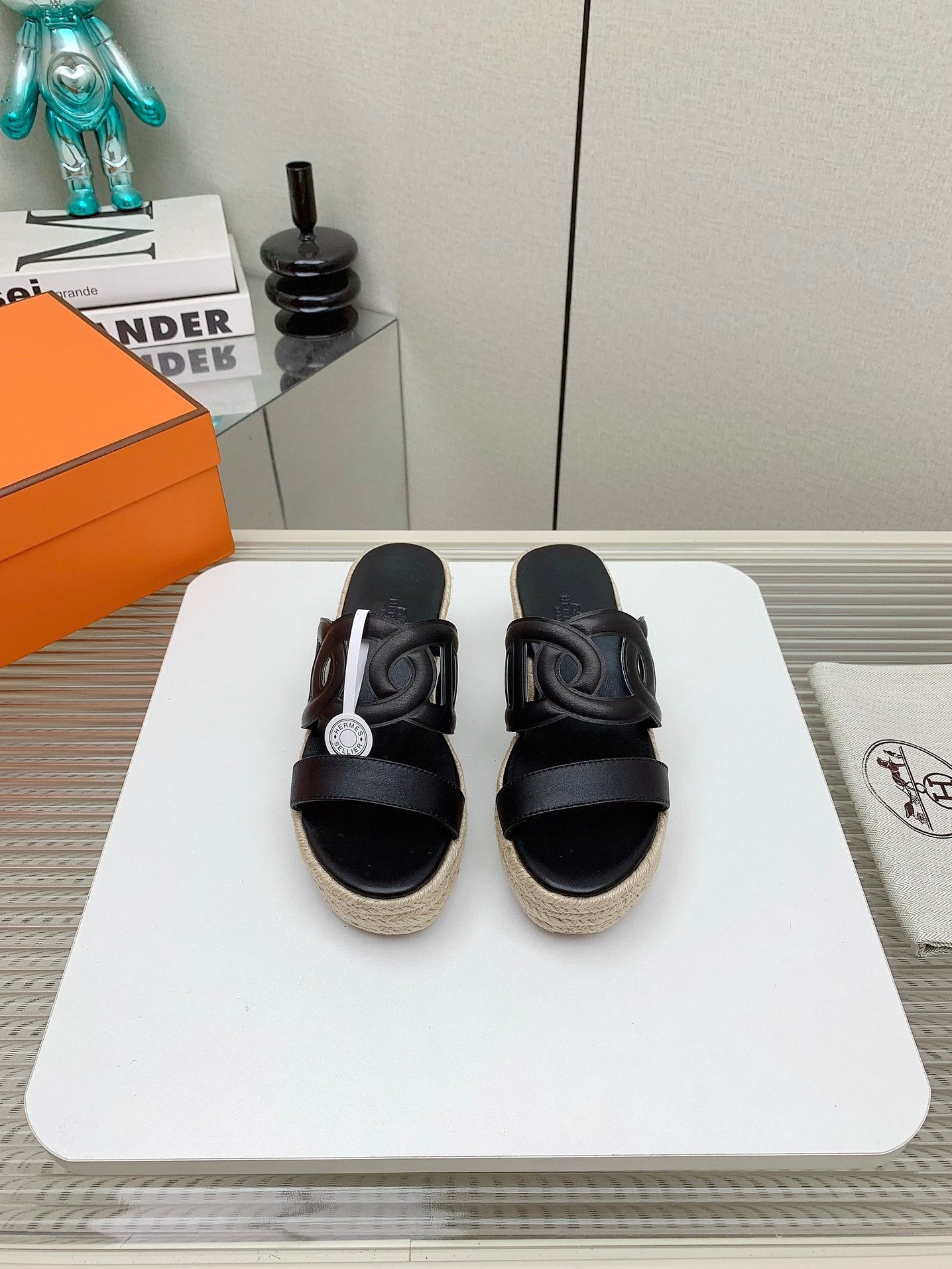 ITHEA 85 MM ESPADRILLE IN BLACK CALFSKIN - 34