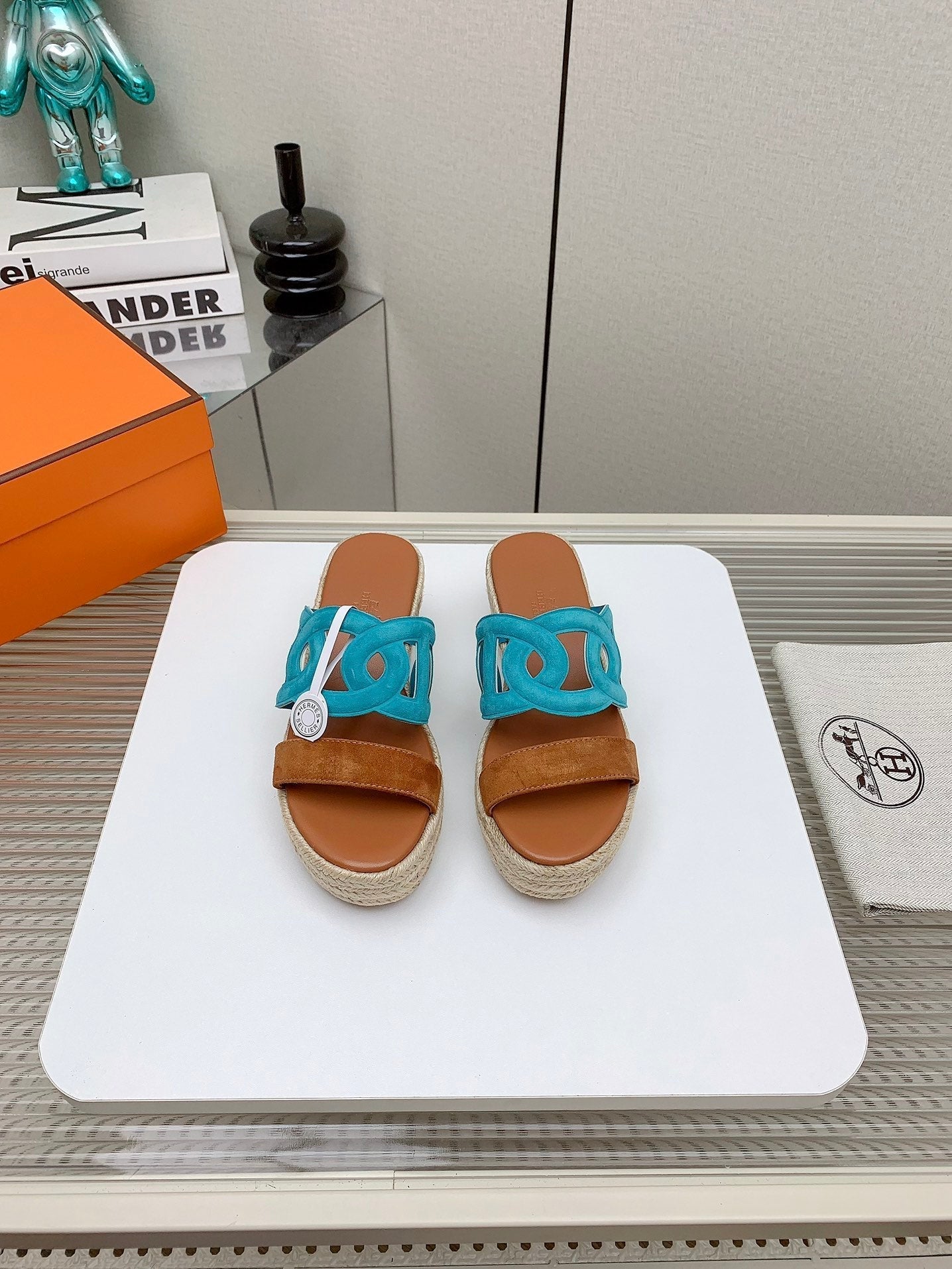 ITHEA 85 MM ESPADRILLE IN BRONZE BROWN AND CERULEAN BLUE SUEDE - 34