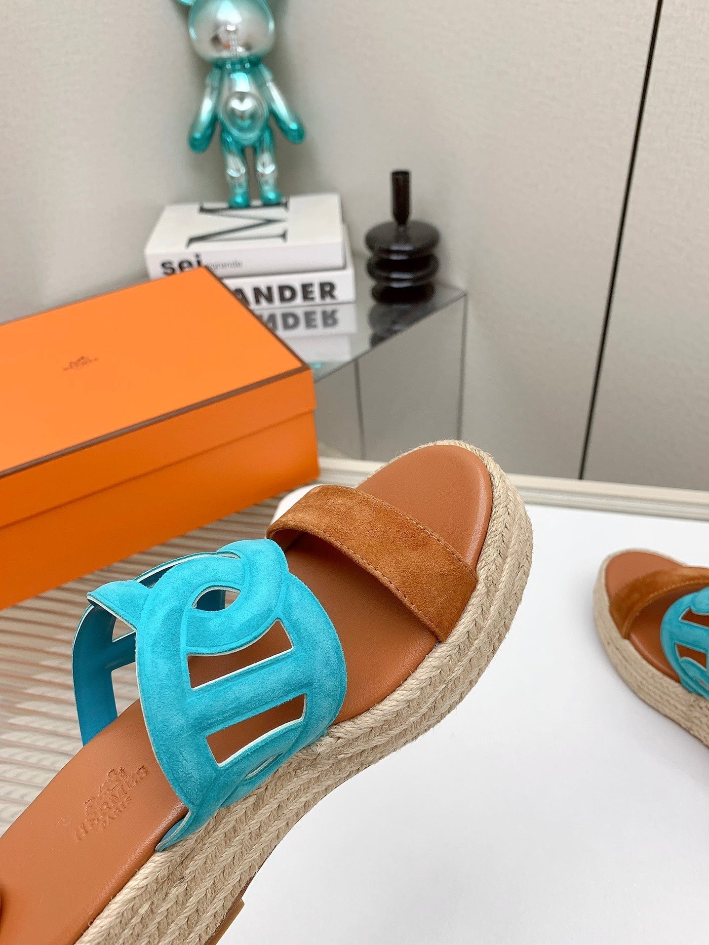 ITHEA 85 MM ESPADRILLE IN BRONZE BROWN AND CERULEAN BLUE SUEDE - 34