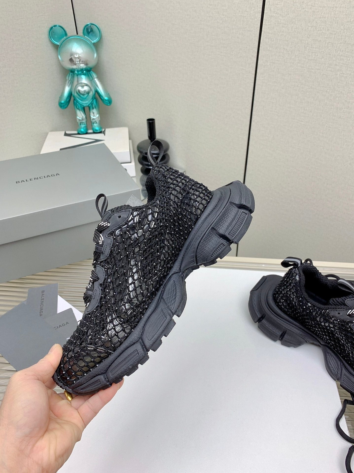 XL FISHNET SNEAKER IN BLACK MESH, POLYURETHANE, POLYESTER WITH RHINESTONES - 35