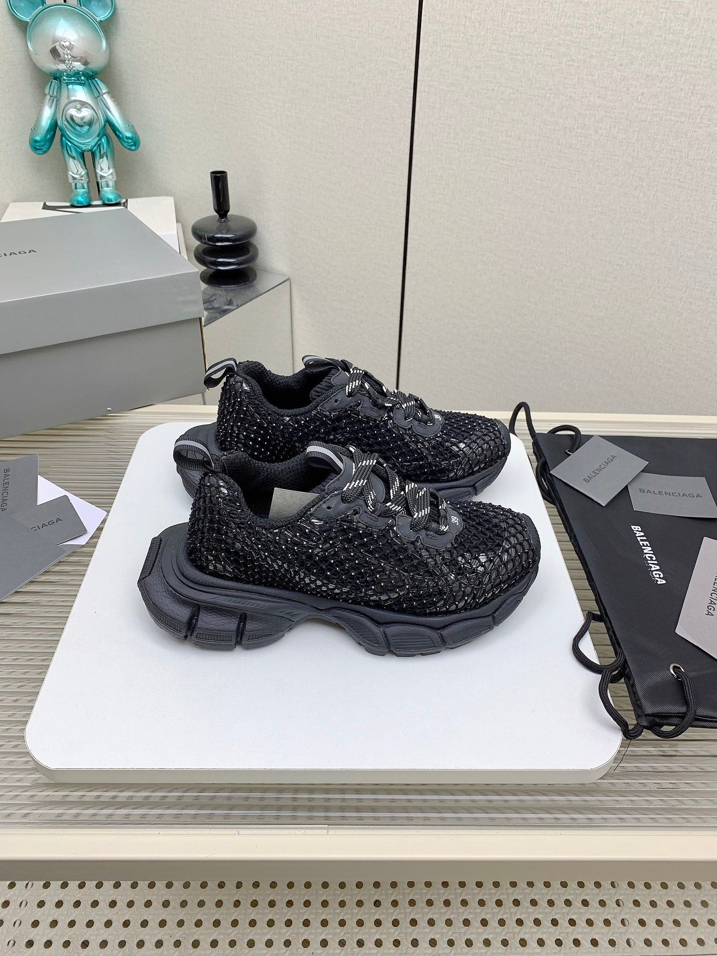 XL FISHNET SNEAKER IN BLACK MESH, POLYURETHANE, POLYESTER WITH RHINESTONES - 35