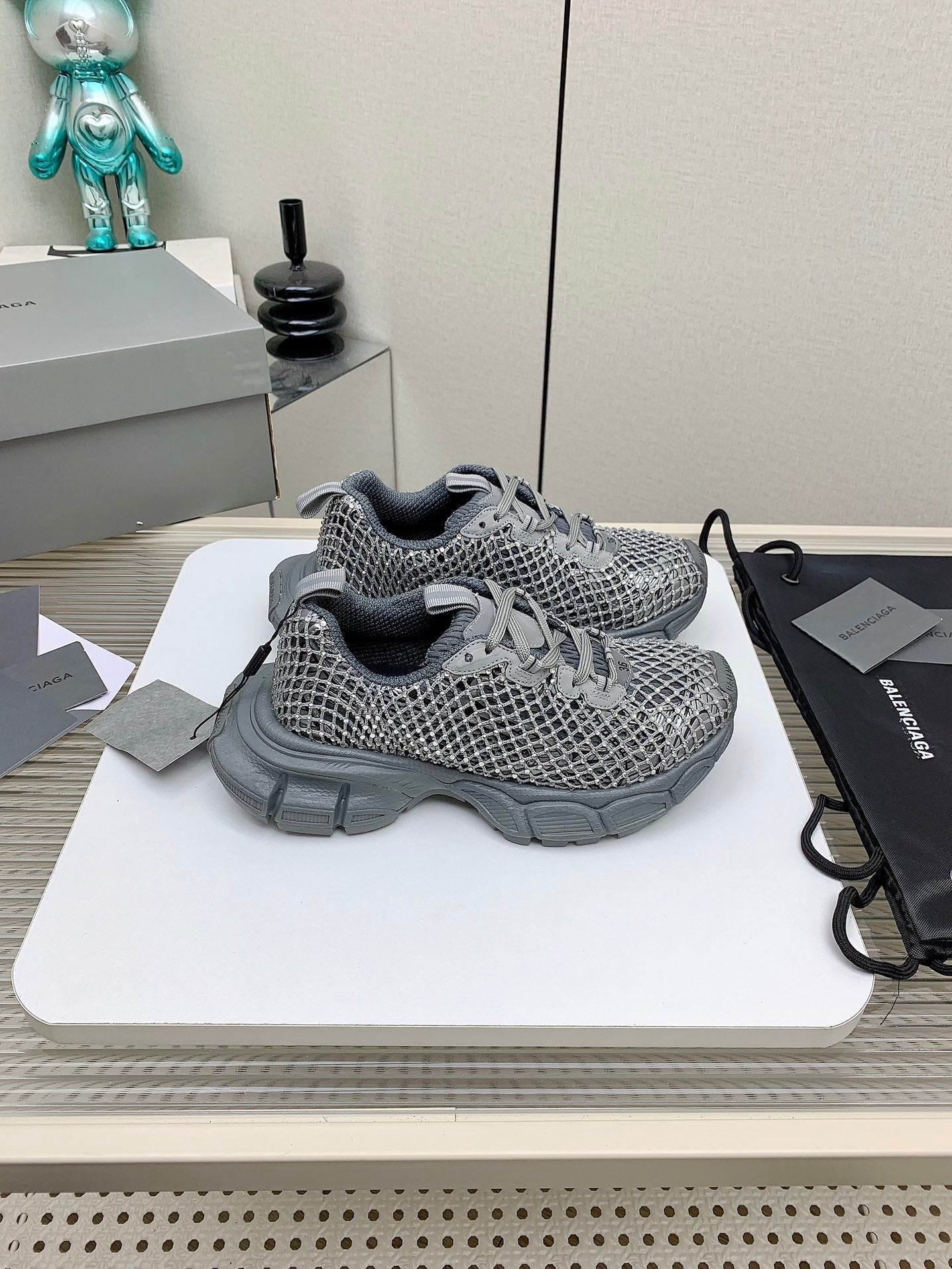 XL FISHNET SNEAKER IN GRAY MESH, POLYURETHANE, POLYESTER WITH RHINESTONES - 35