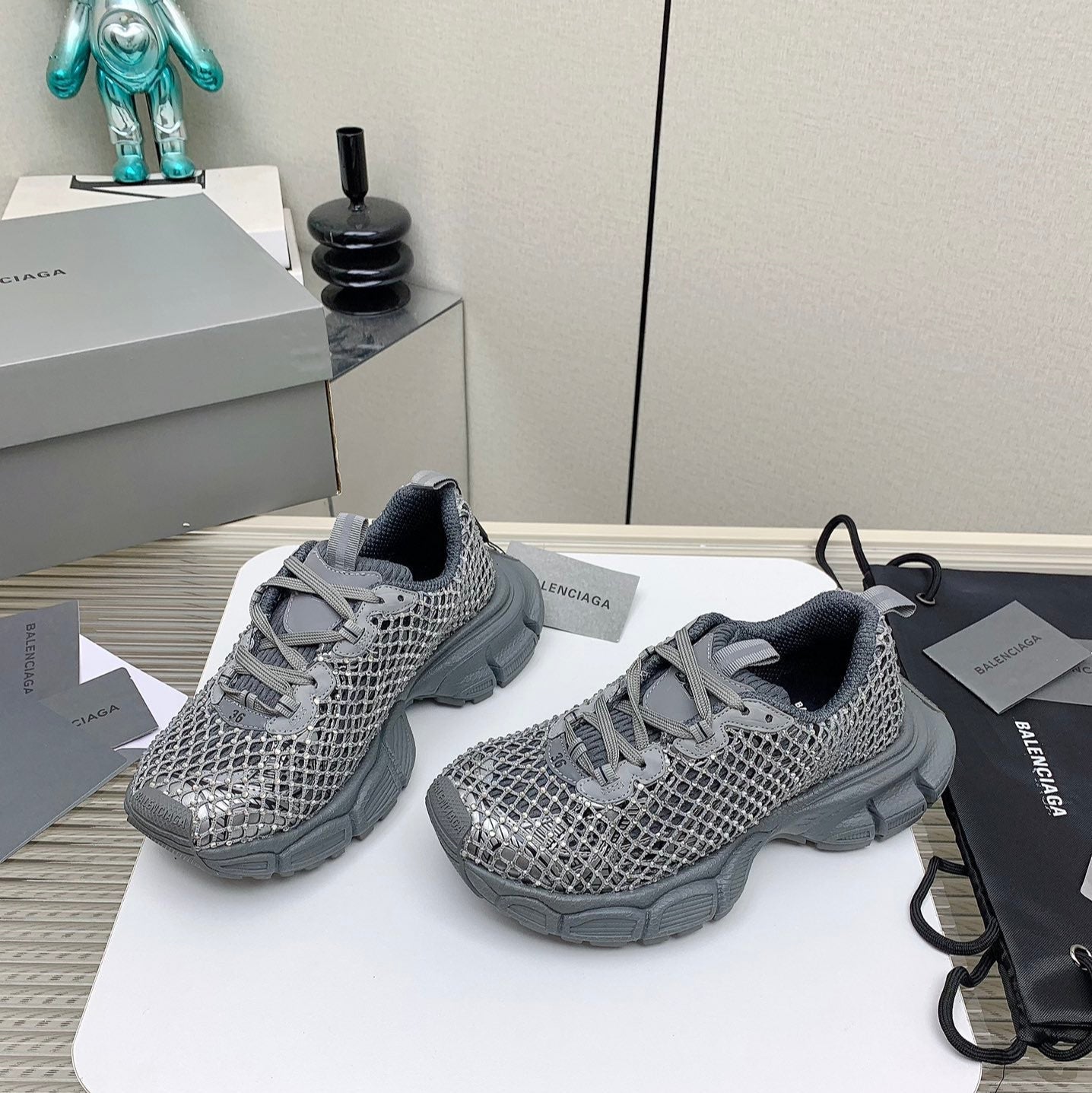 XL FISHNET SNEAKER IN GRAY MESH, POLYURETHANE, POLYESTER WITH RHINESTONES - 35