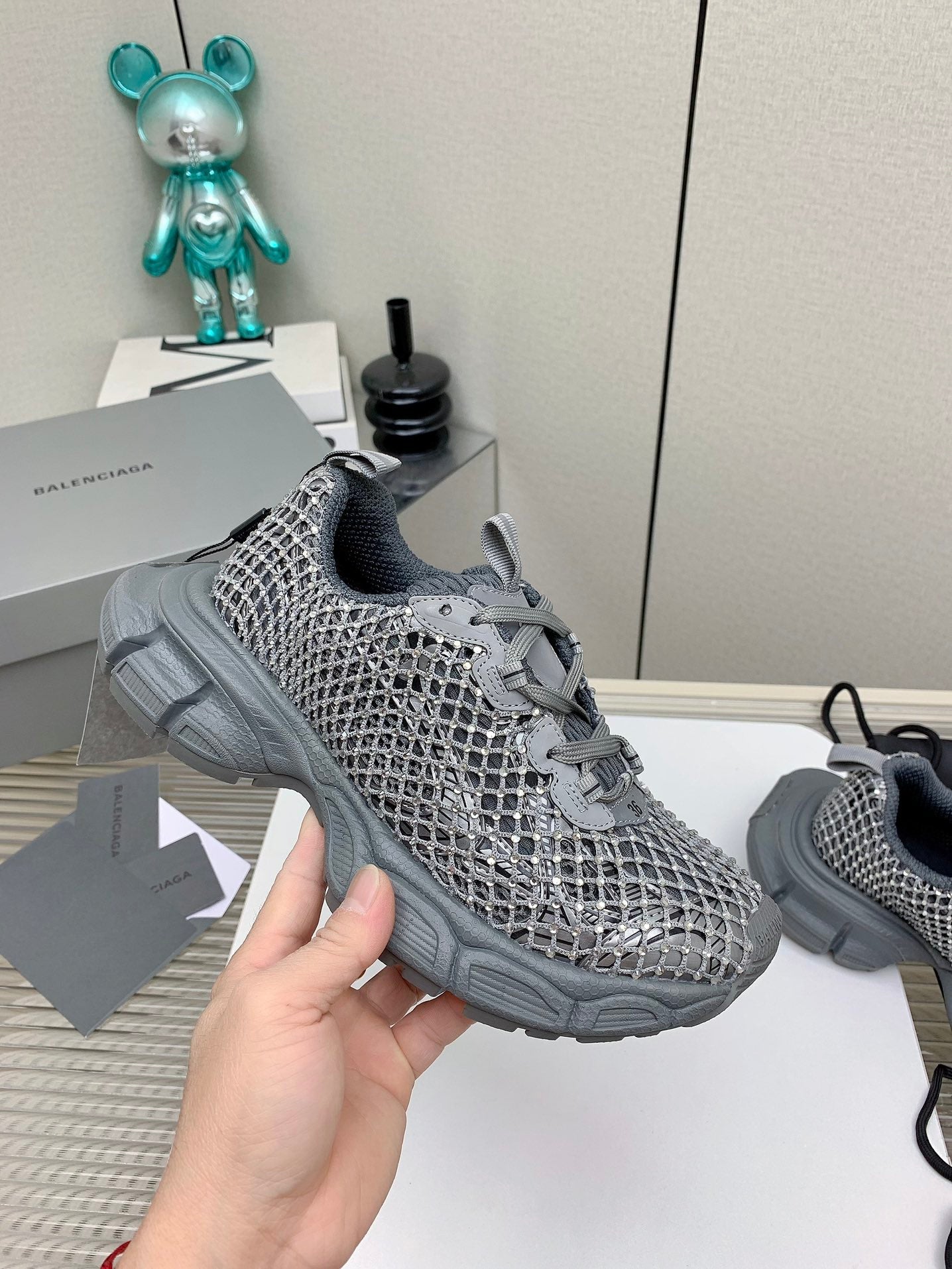 XL FISHNET SNEAKER IN GRAY MESH, POLYURETHANE, POLYESTER WITH RHINESTONES - 35