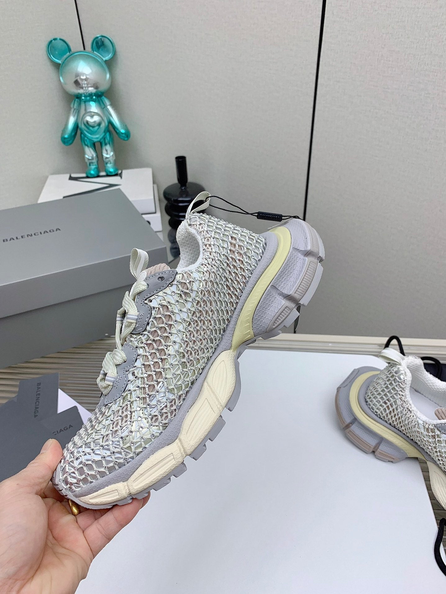 XL FISHNET SNEAKER IN GRAY AND BEIGE MESH, POLYURETHANE, POLYESTER WITH RHINESTONES - 35