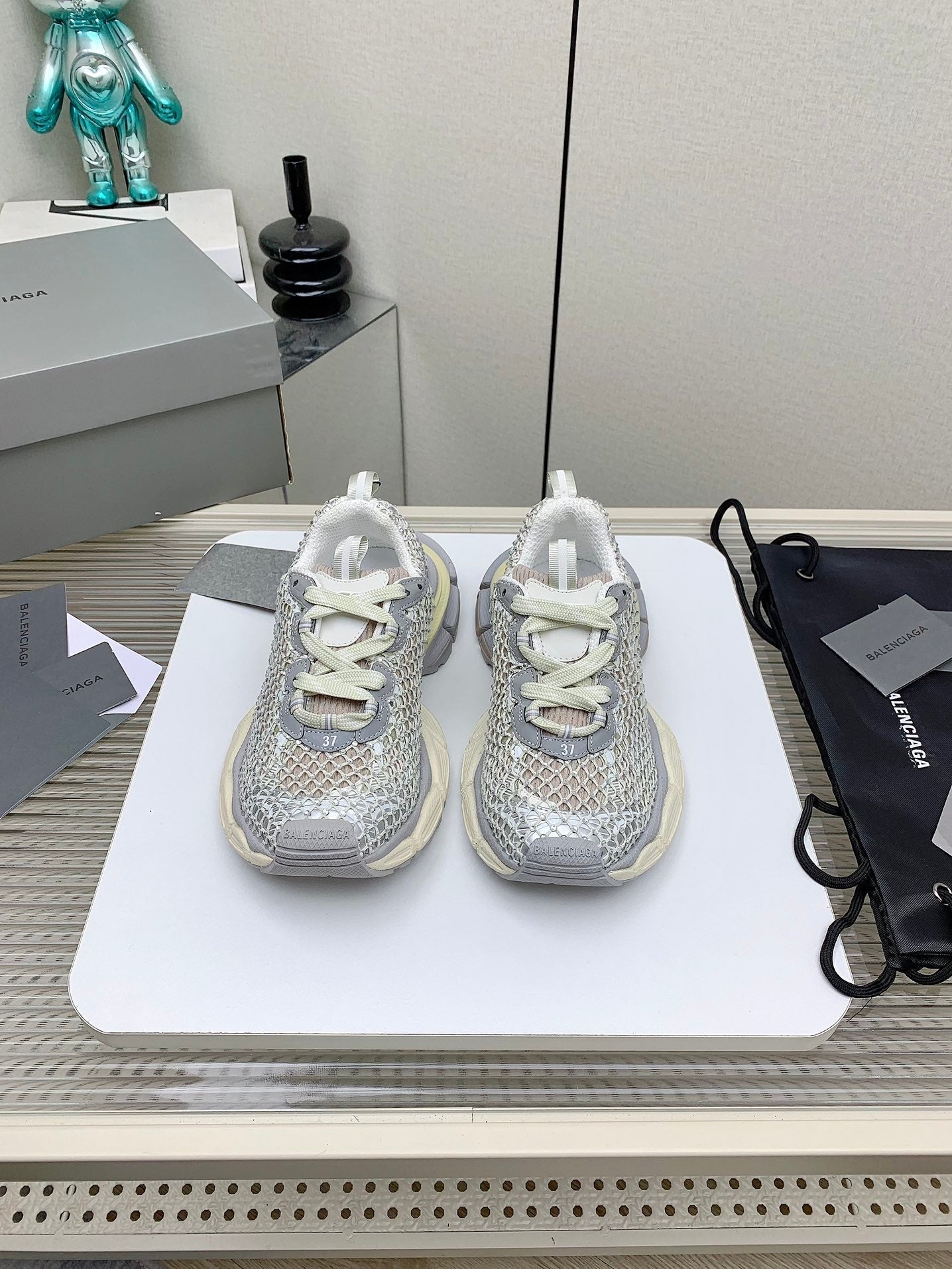 XL FISHNET SNEAKER IN GRAY AND BEIGE MESH, POLYURETHANE, POLYESTER WITH RHINESTONES - 35