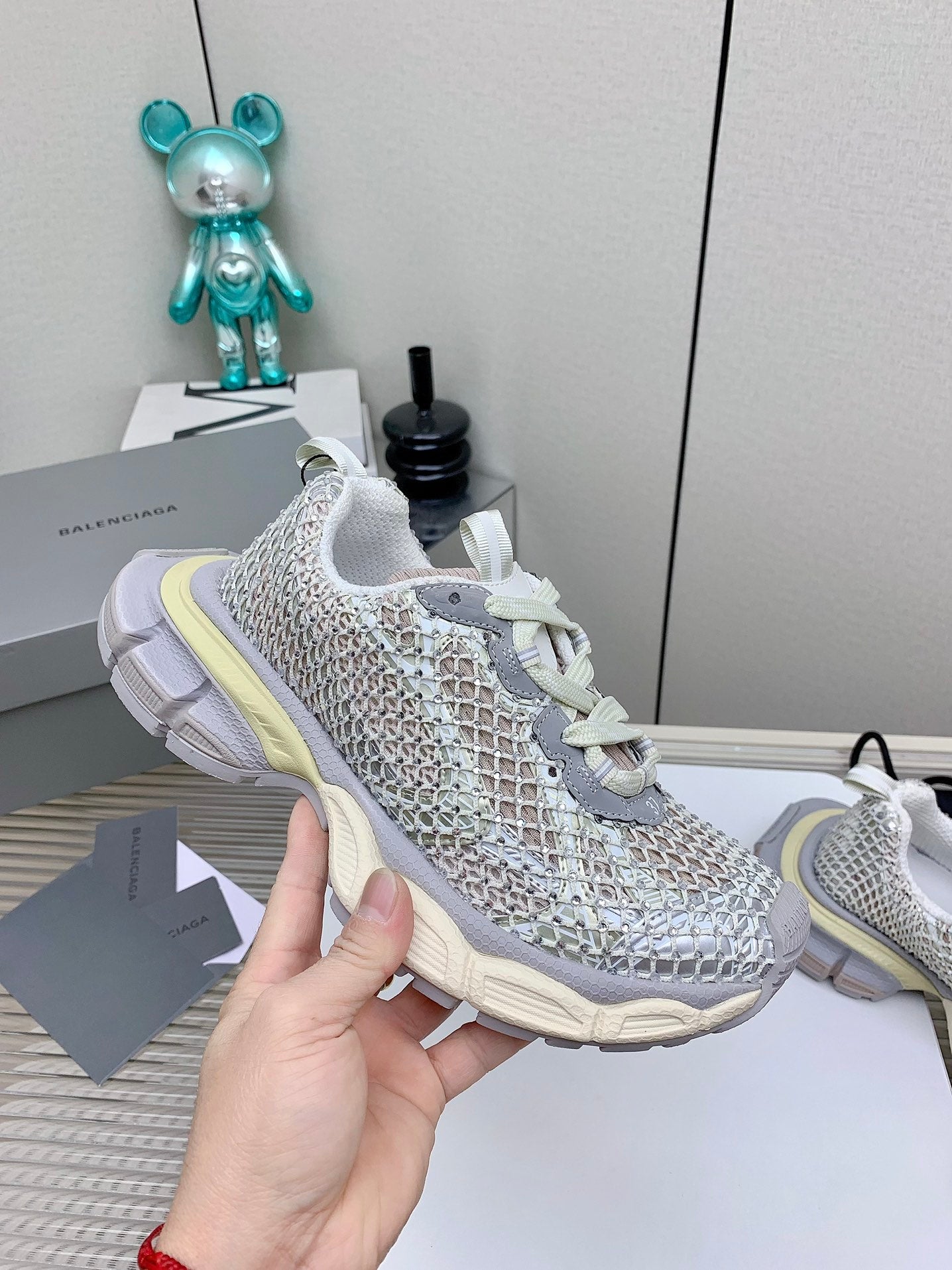 XL FISHNET SNEAKER IN GRAY AND BEIGE MESH, POLYURETHANE, POLYESTER WITH RHINESTONES - 35