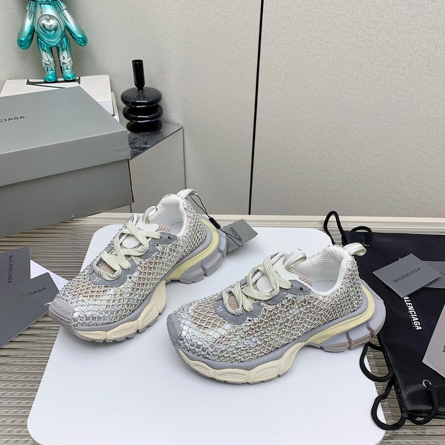 XL FISHNET SNEAKER IN GRAY AND BEIGE MESH, POLYURETHANE, POLYESTER WITH RHINESTONES - 35