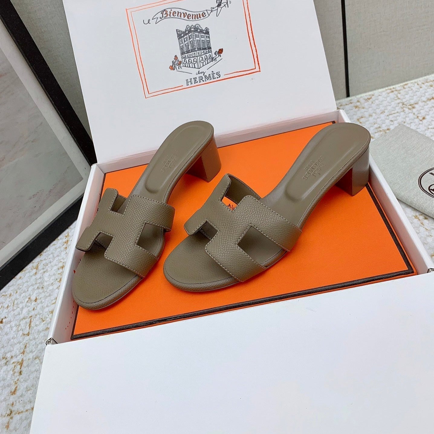 HM OASIS SANDAL HEEL 50MM IN TAUPE BROWN CALFSKIN - 35