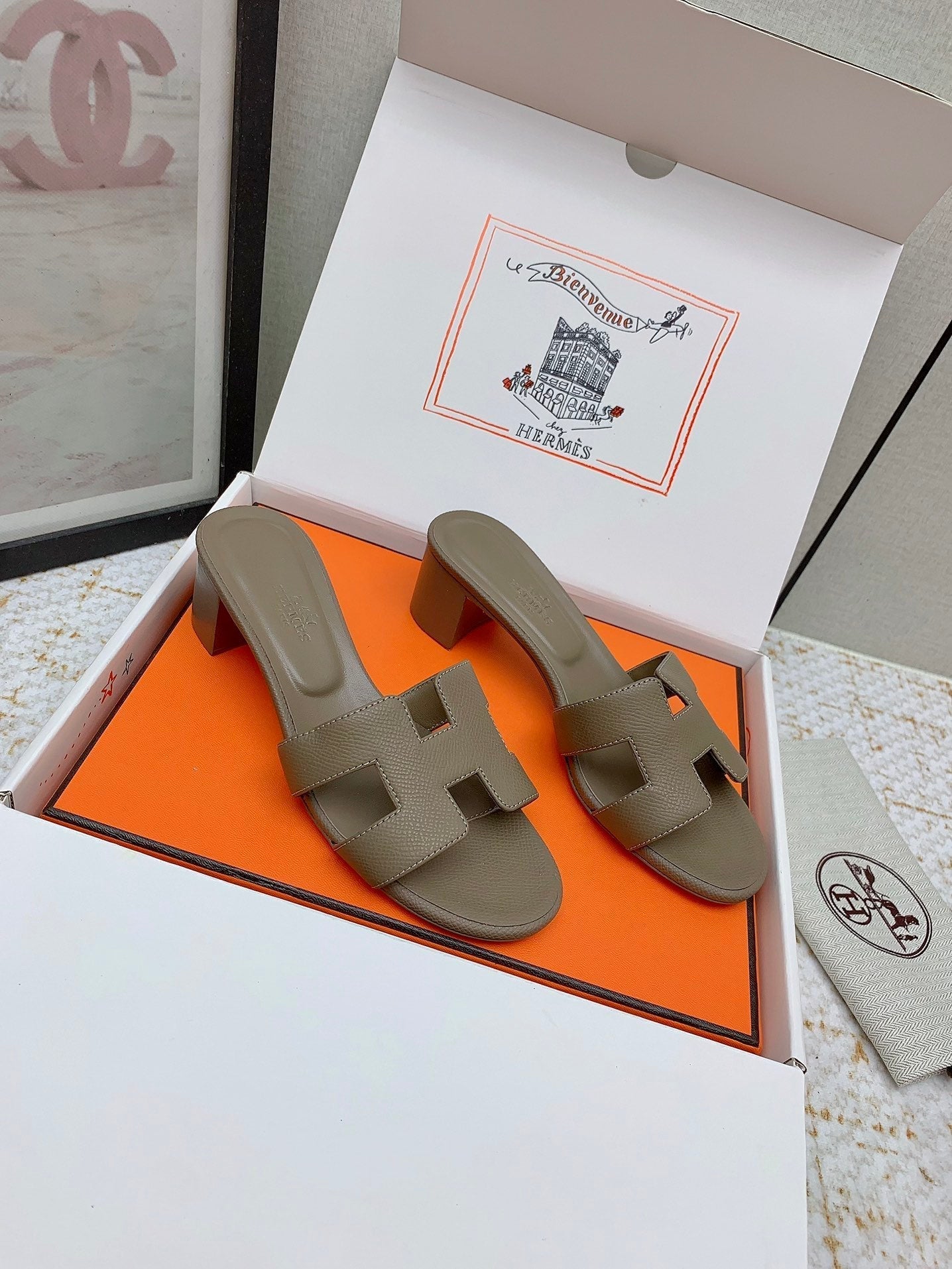 HM OASIS SANDAL HEEL 50MM IN TAUPE BROWN CALFSKIN - 35