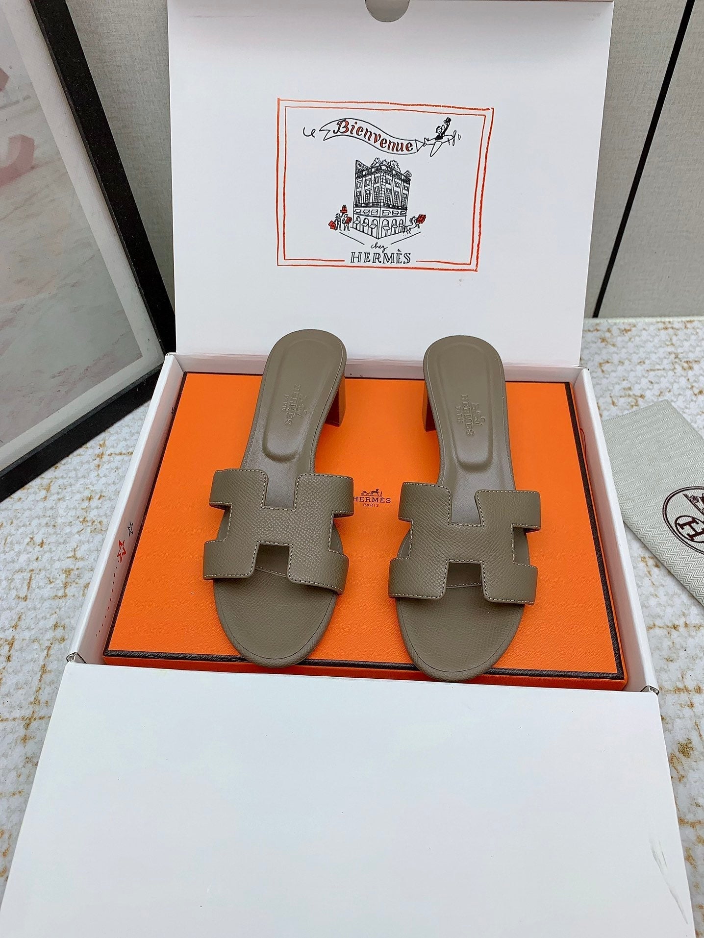 HM OASIS SANDAL HEEL 50MM IN TAUPE BROWN CALFSKIN - 35