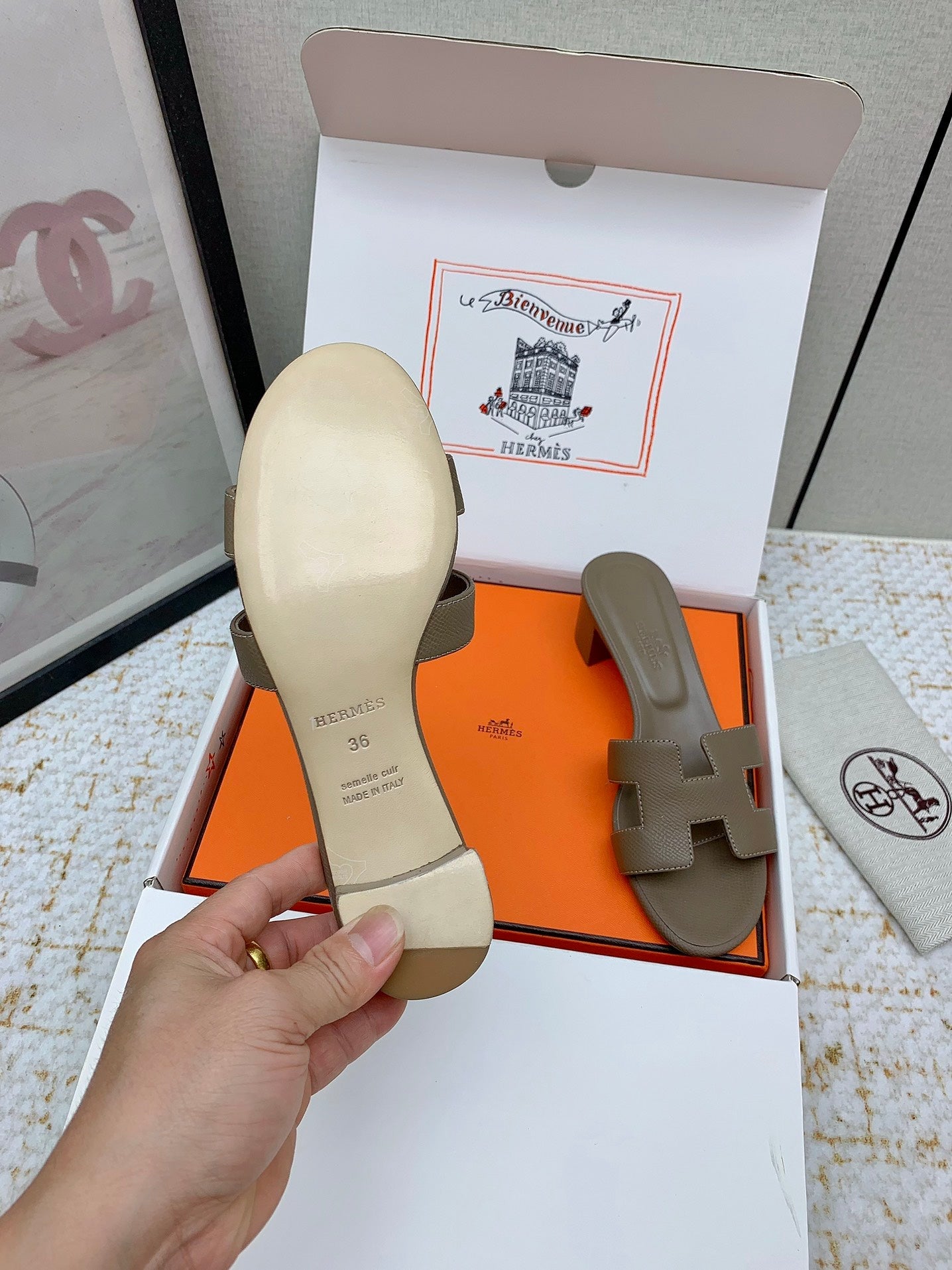 HM OASIS SANDAL HEEL 50MM IN TAUPE BROWN CALFSKIN - 35