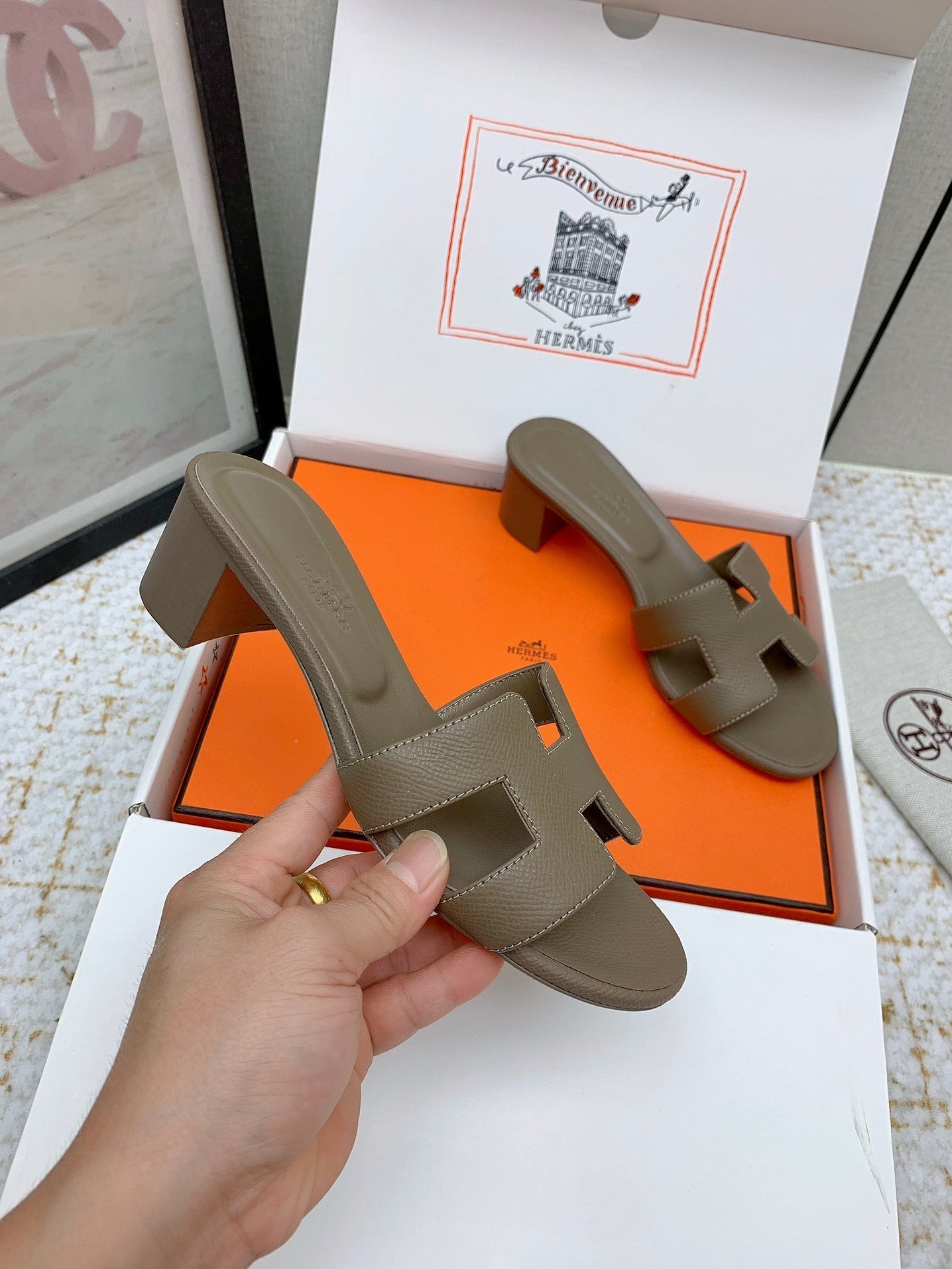 HM OASIS SANDAL HEEL 50MM IN TAUPE BROWN CALFSKIN - 35