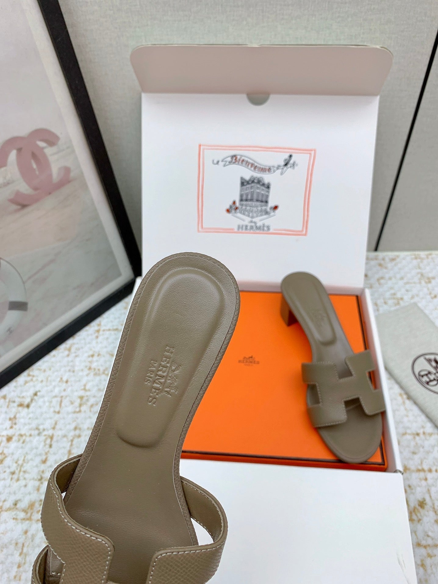HM OASIS SANDAL HEEL 50MM IN TAUPE BROWN CALFSKIN - 35