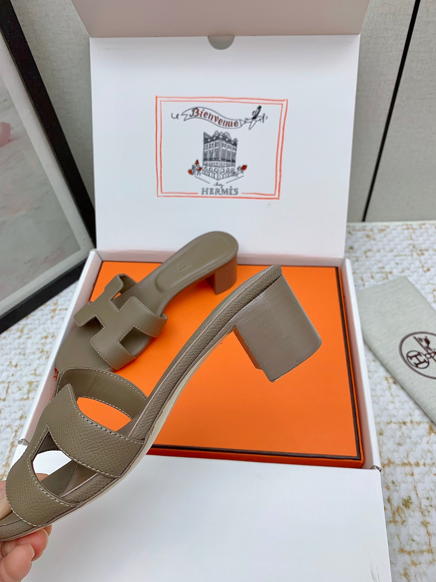 HM OASIS SANDAL HEEL 50MM IN TAUPE BROWN CALFSKIN - 35